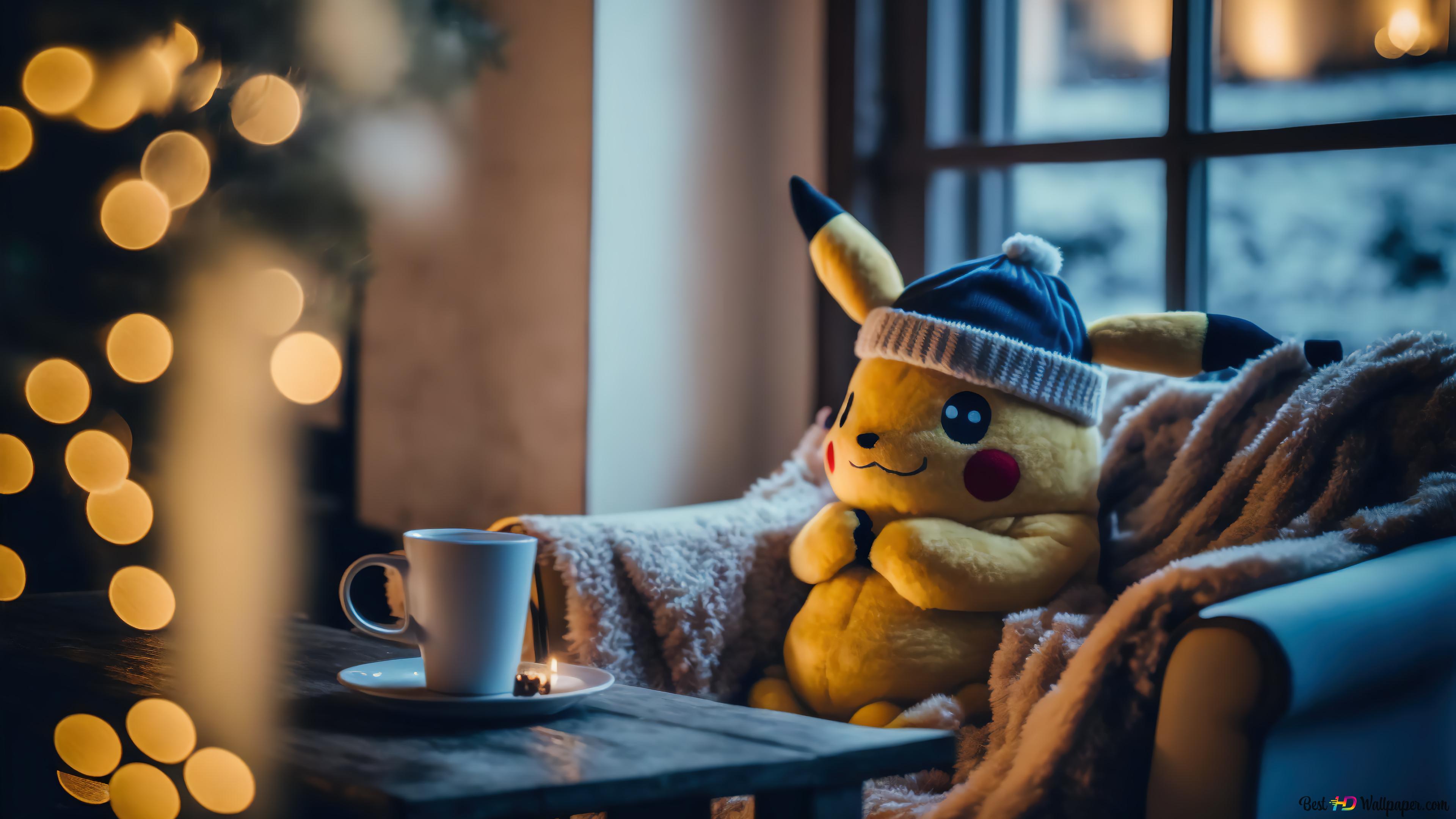 Pikachu winter stuffed toy 4K wallpaper download