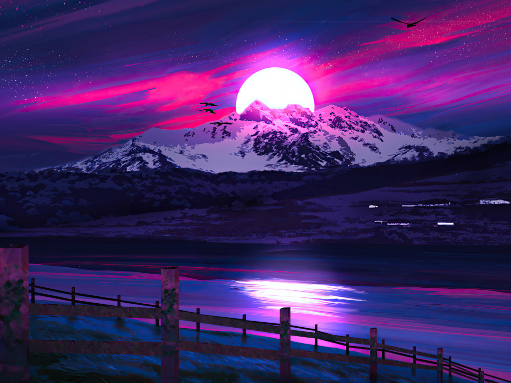 Wallpaper lake, woonden fence, mountains, landscape, sunset, neon art desktop wallpaper, HD image, picture, background, f80e73