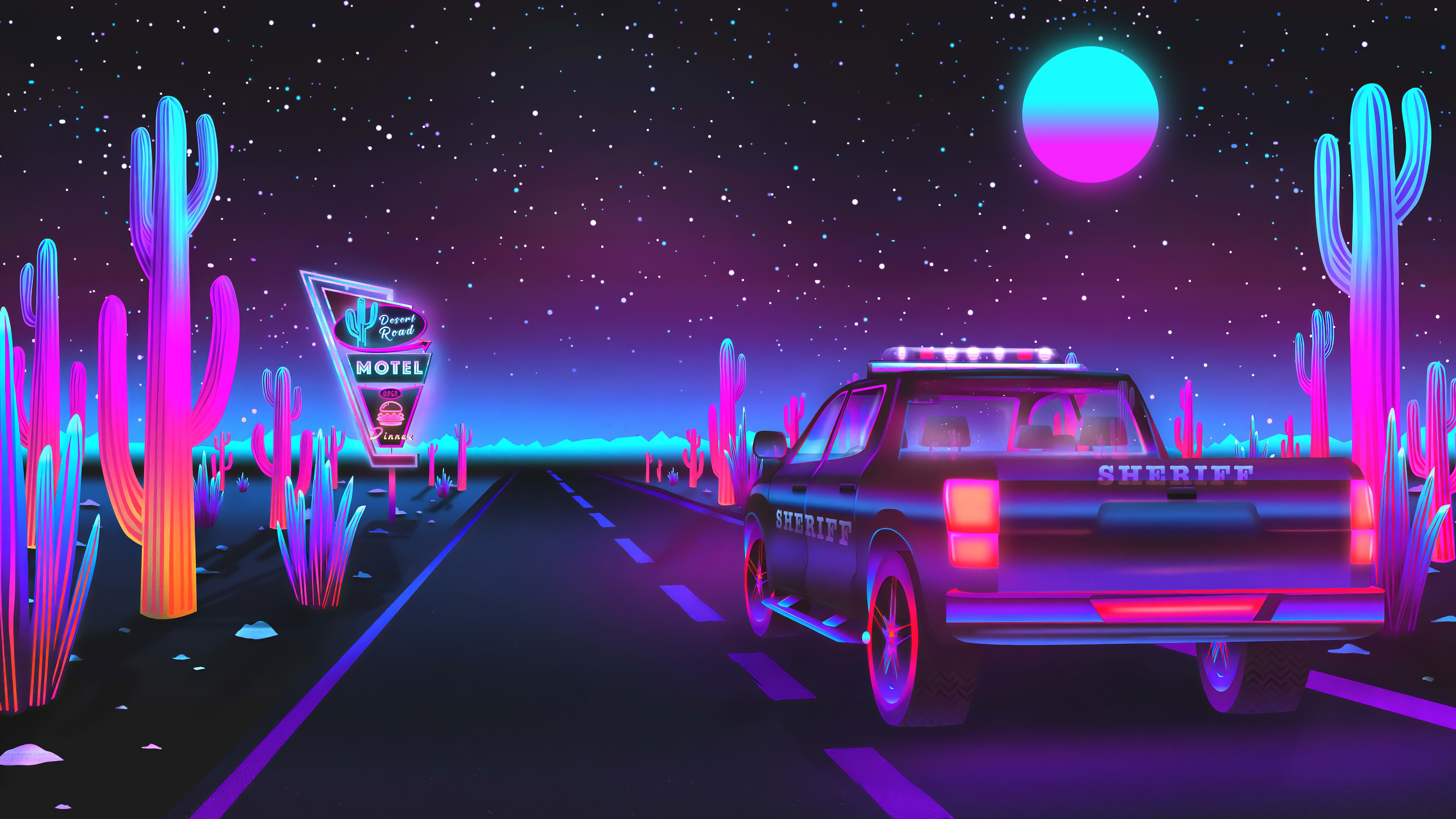 Wallpaper / digital, digital art, artwork, illustration, neon, neon lights, lights, night, night sky, sky, skyscape, landscape, nature, desert, stars, starry night, vehicle, transport, sheriff, road, synthwave, vaporwave, Retrowave, Synthpop