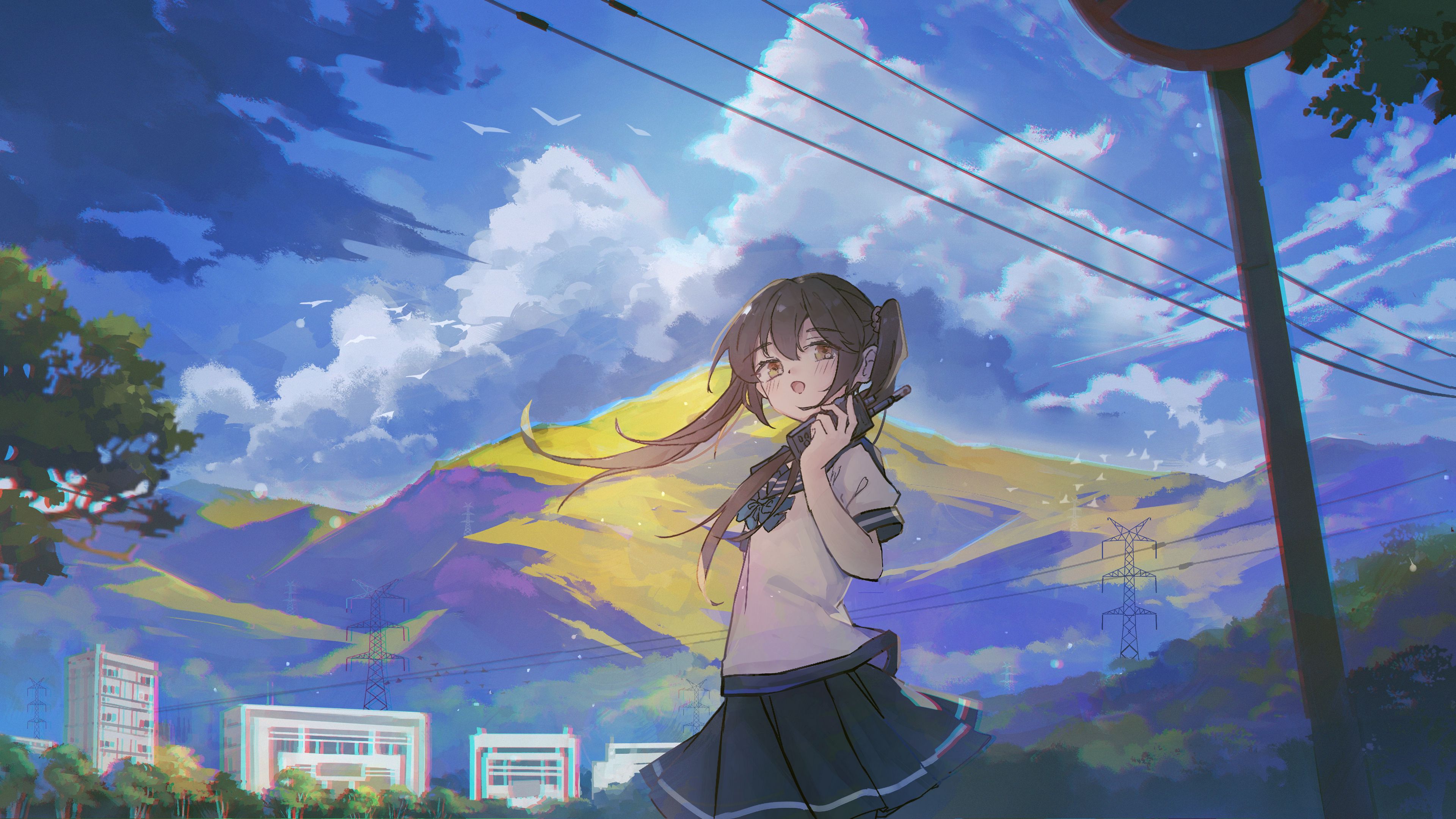 Download wallpaper 3840x2160 girl, phone, mountain, anime, art, cartoon 4k uhd 16:9 HD background