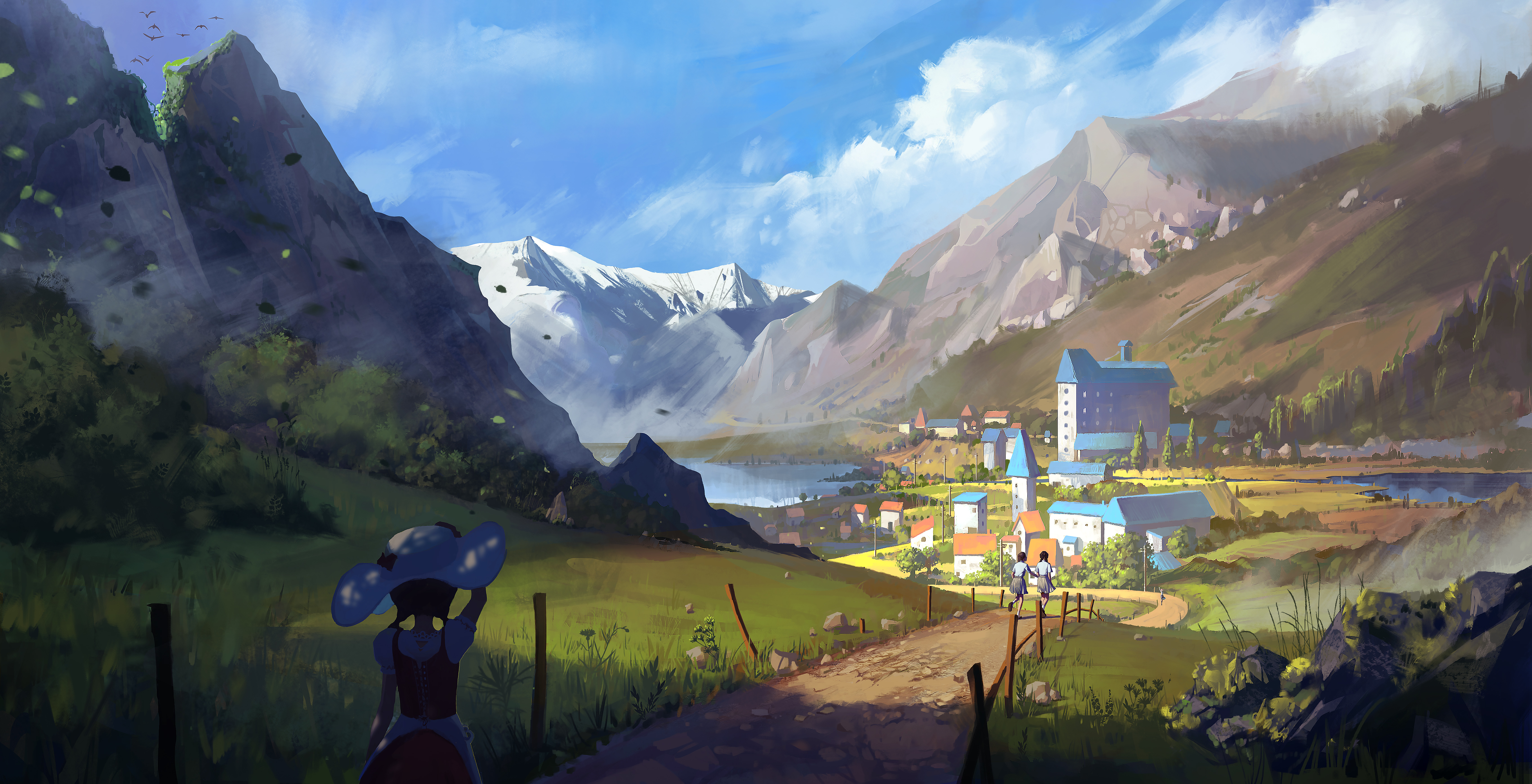 Mobile wallpaper: Anime, Landscape, Mountain, Village, Hat, Original, Twintails, 905286 download the picture for free