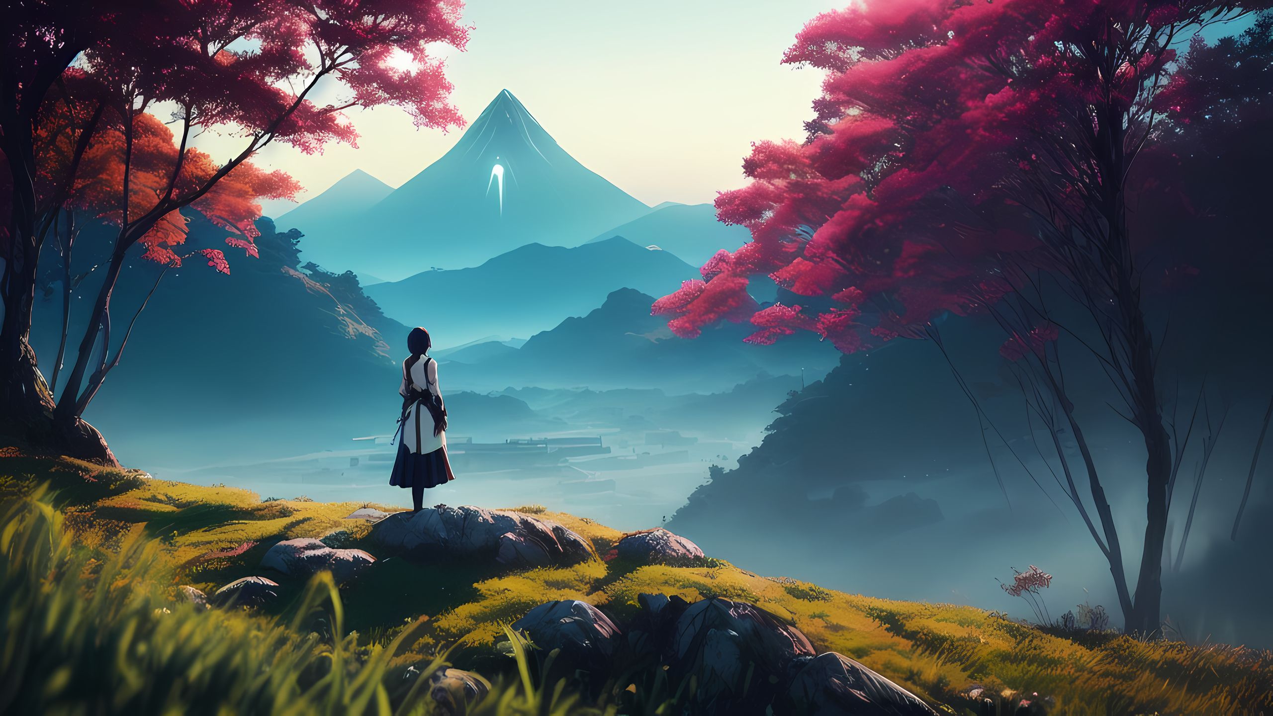 Stable Diffusion Mountain View Mountains Anime Girls Nature Trees Wallpaper:2560x1440