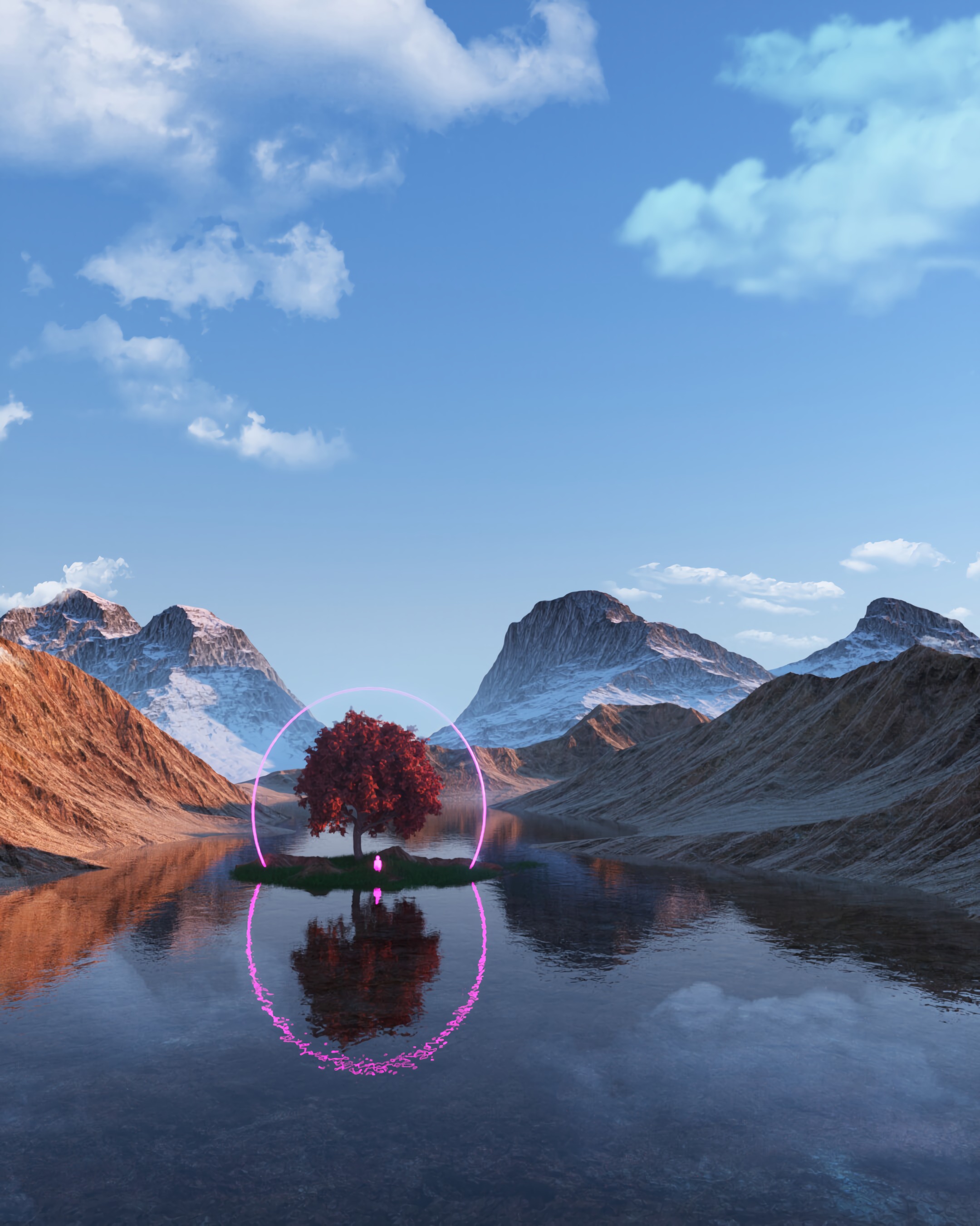 Mobile wallpaper: Reflection, Wood, Lake, Ring, Tree, 3D, Mountains, Neon, 89595 download the picture for free