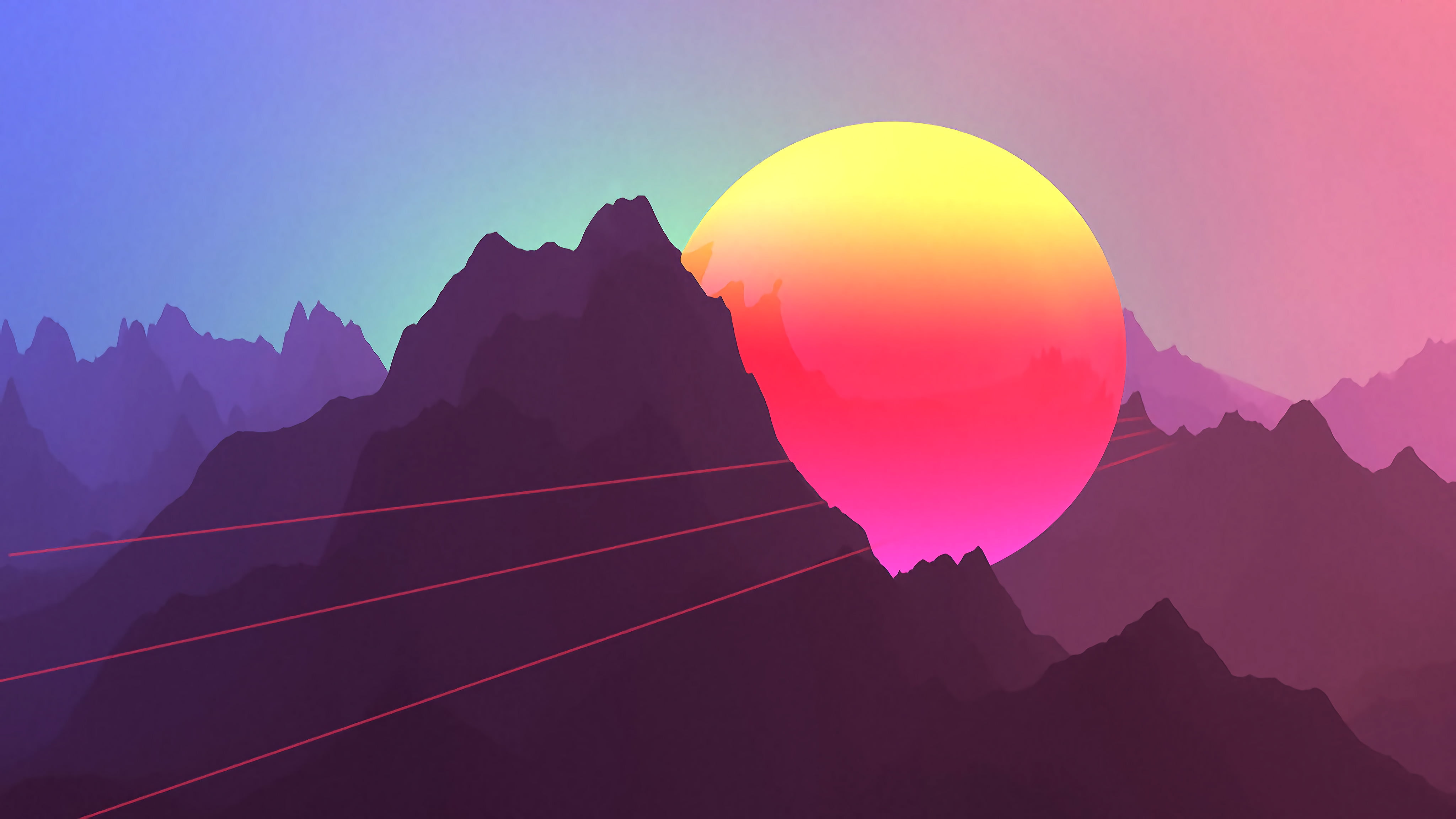 Wallpaper / sunset, purple, 4k, retro, tranquility, neon, 3D, mountain range, pink color, , scenics, artist, 4K, digital art, nature, balloon, silhouette free download