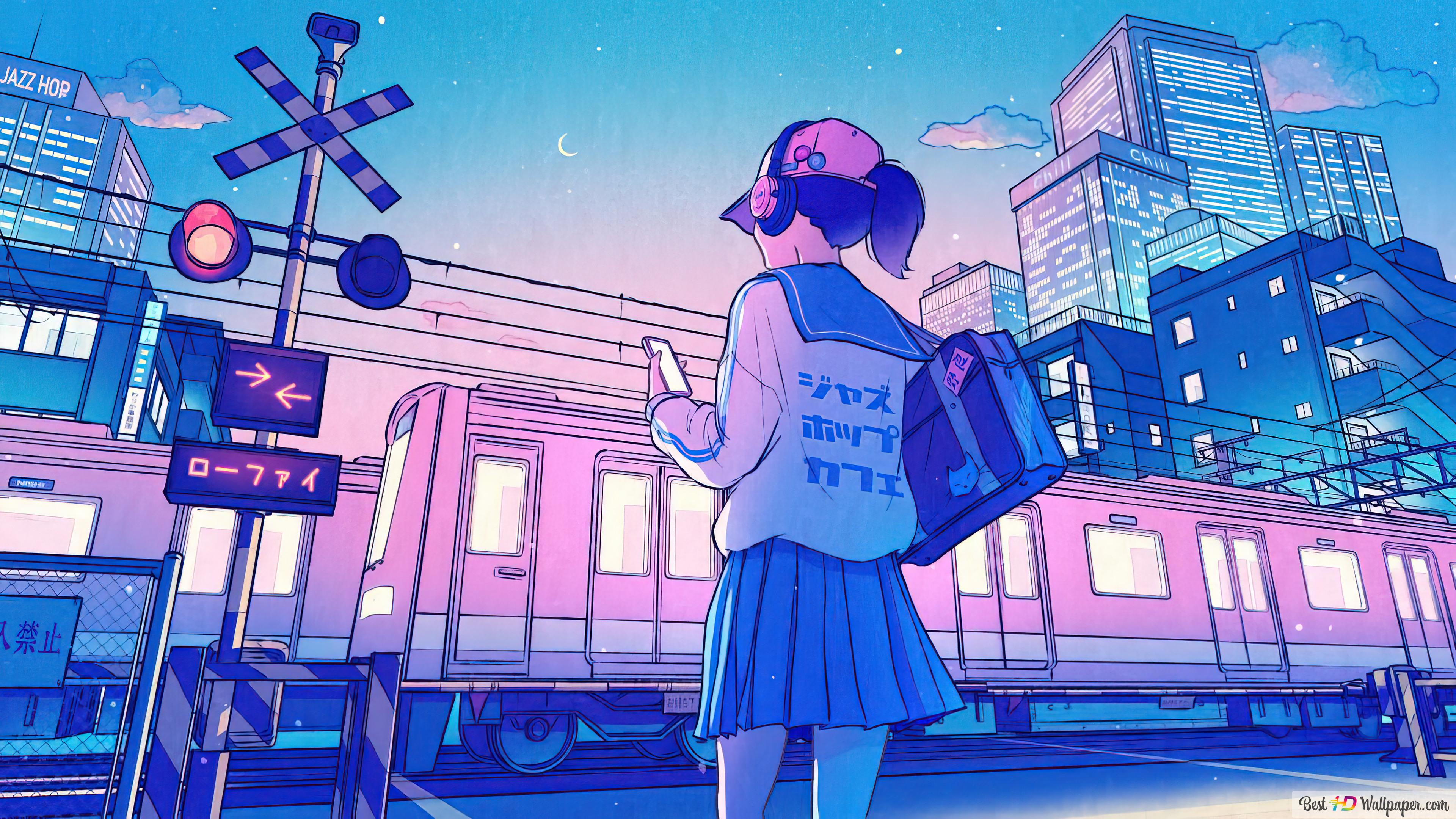 Anime Girl Art Train Night City 4K wallpaper download