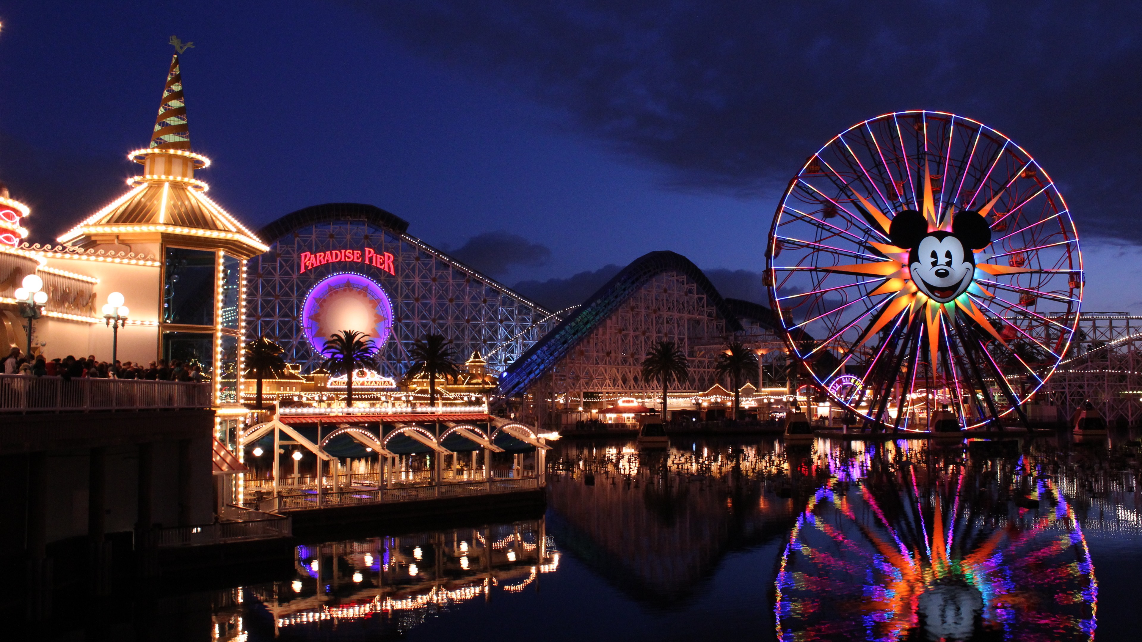 Wallpaper Disneyland Resort, night, lights, ferris wheel, lake 5120x2880 UHD 5K Picture, Image