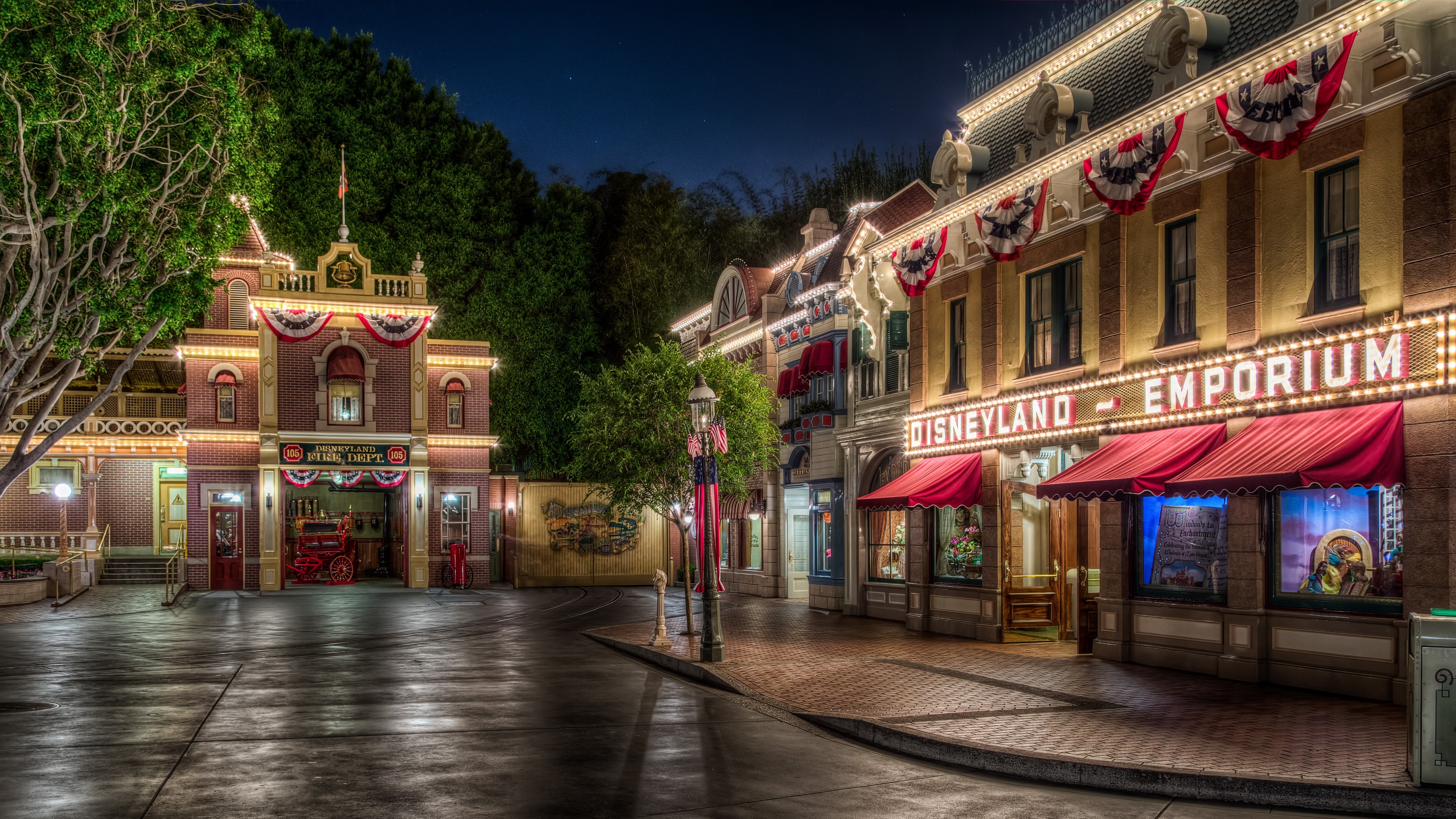 4K, USA, Disneyland, Parks, Houses, California, Anaheim, Design, HDR, Night, Pavement Gallery HD Wallpaper