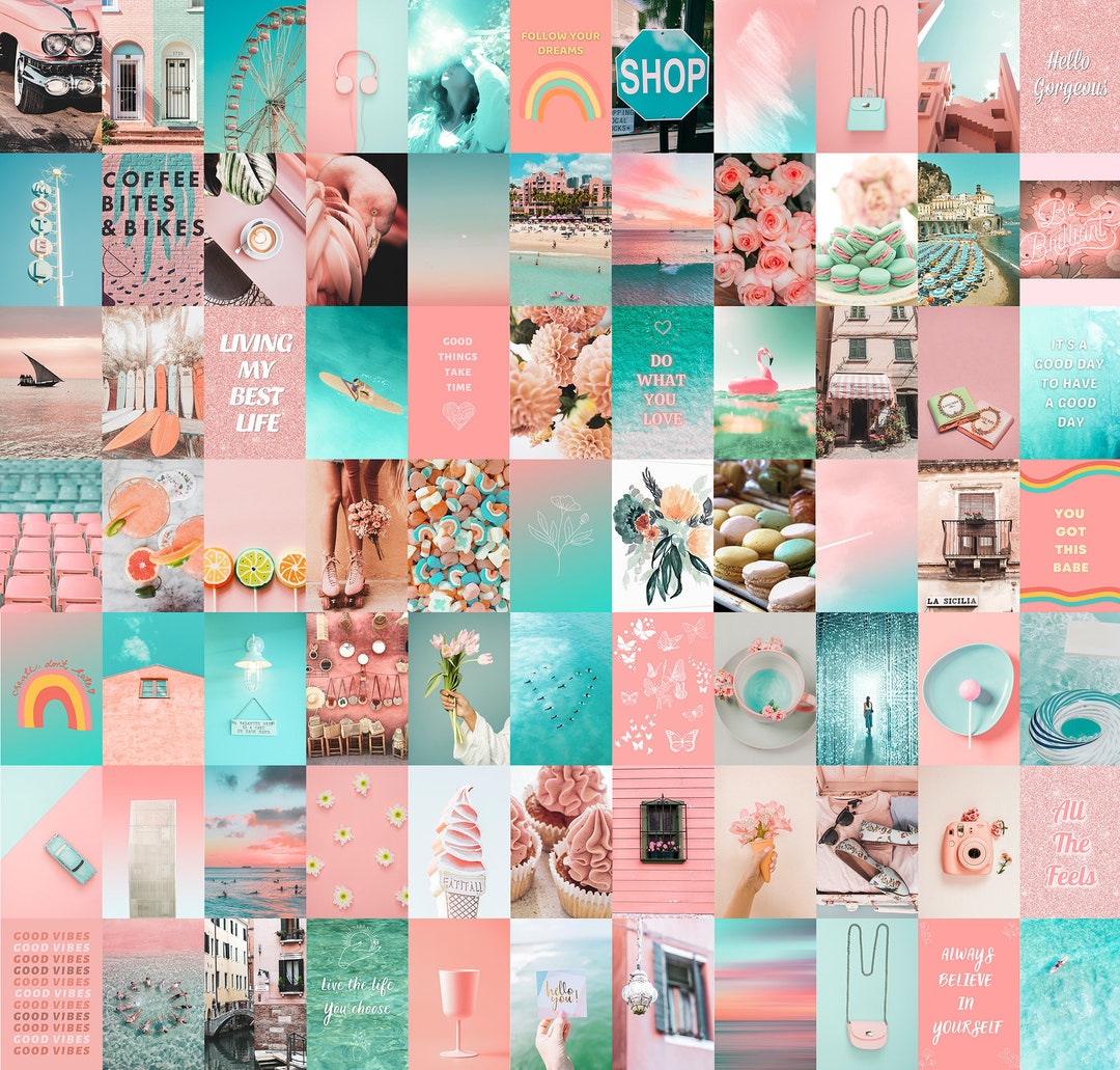 Pc Peach and Teal Aesthetic Wall Collage Kit Digital Pink