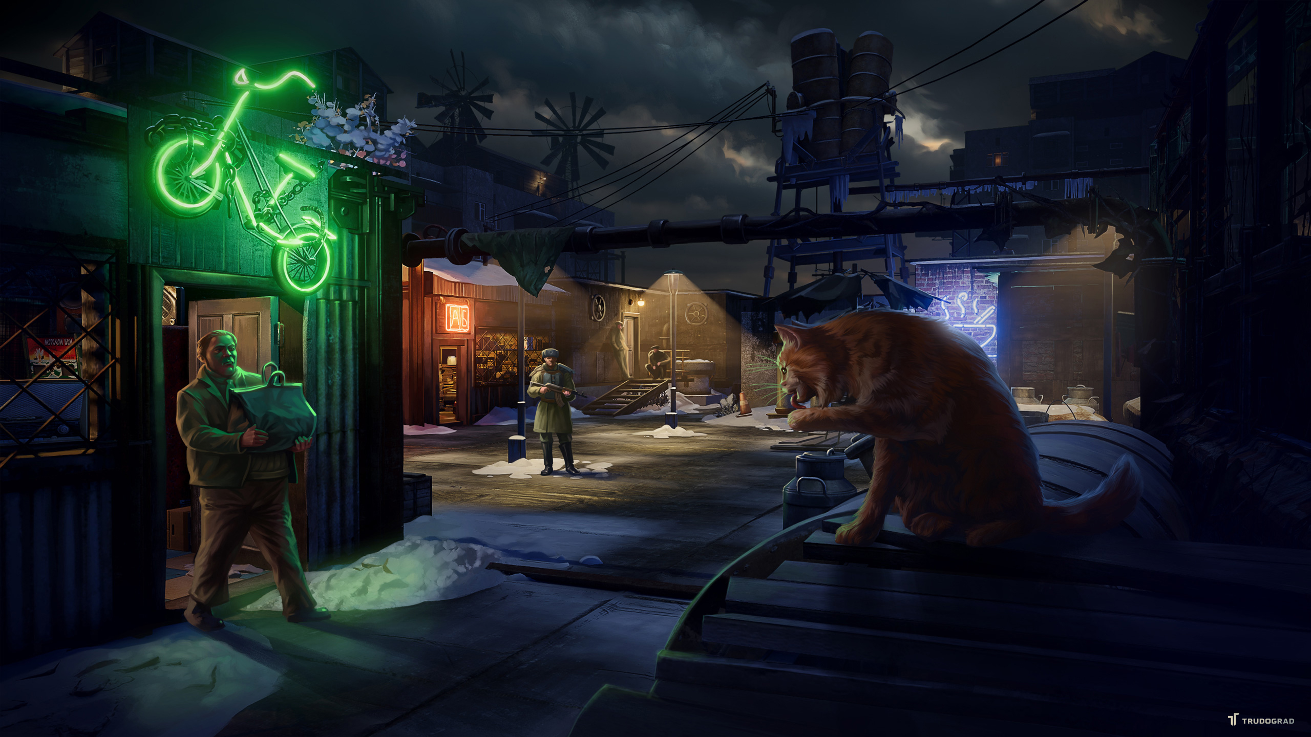 Wallpaper, ATOM RPG, Doomsday, Wasteland game, Trudograd, neon, video games, cats, men, Video Game Art 2560x1440