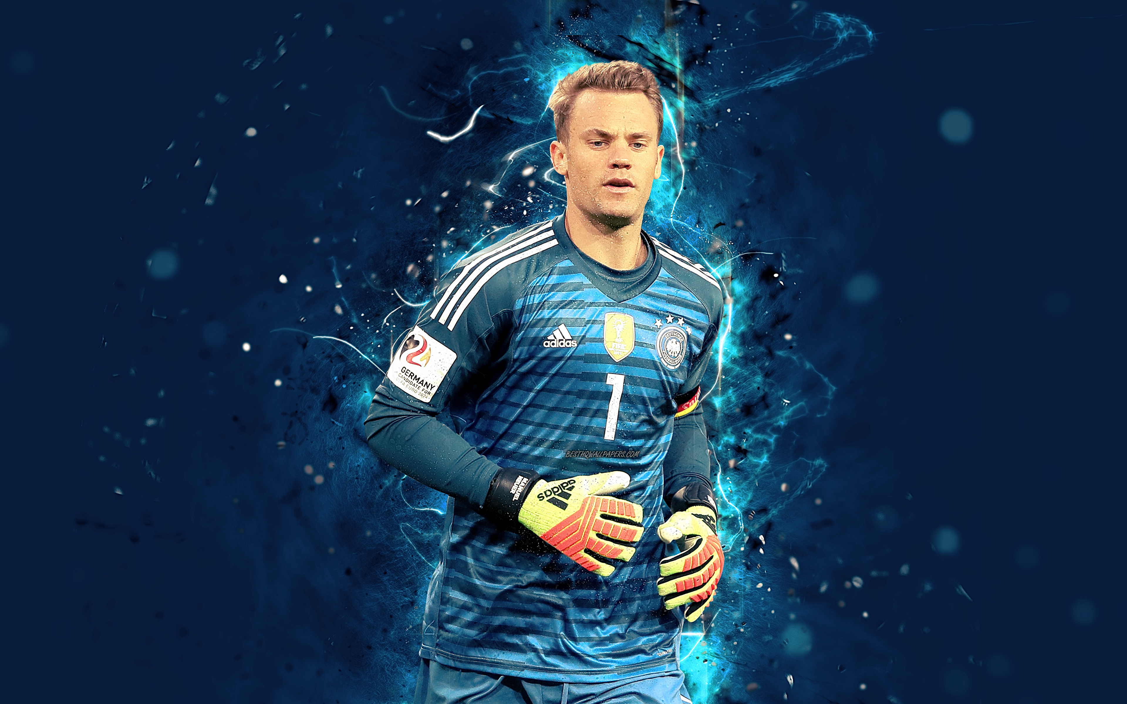 Download wallpaper 4k, Manuel Neuer, abstract art, Germany National Team, fan art, Neuer, goalkeeper, soccer, footballers, neon lights, German football team for desktop with resolution 3840x2400. High Quality HD picture wallpaper