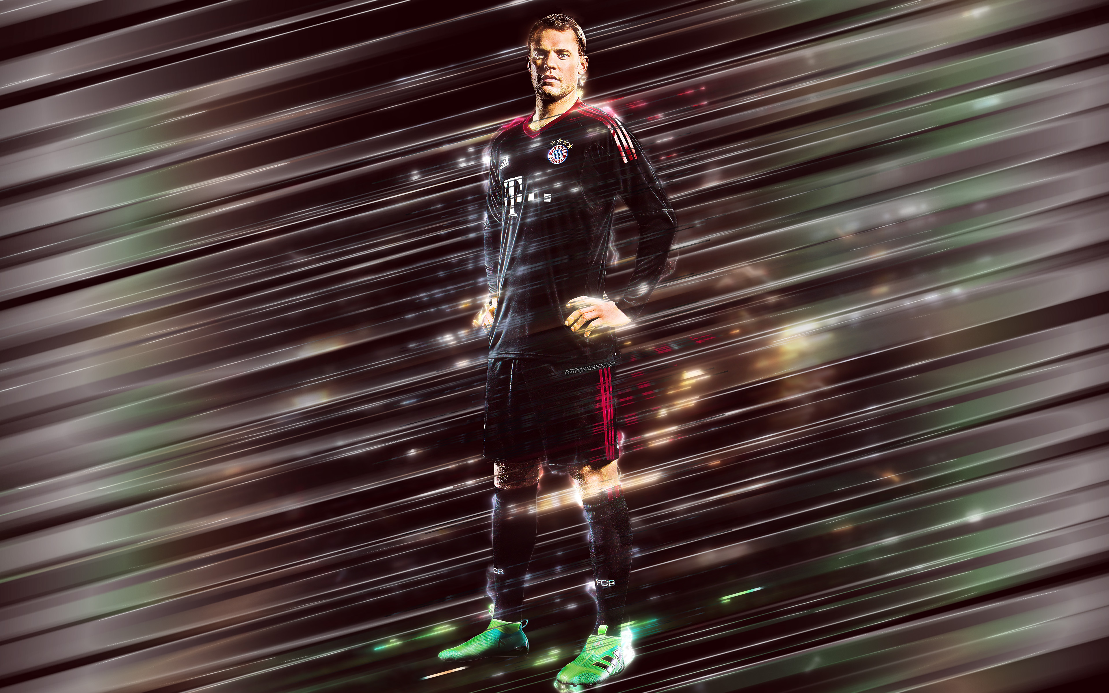 Download wallpaper Manuel Neuer, 4k, creative art, blades style, goalkeeper, captain, Bayern Munich, German footballer, Bundesliga, Germany, red background, lines art, football for desktop with resolution 3840x2400. High Quality HD picture wallpaper