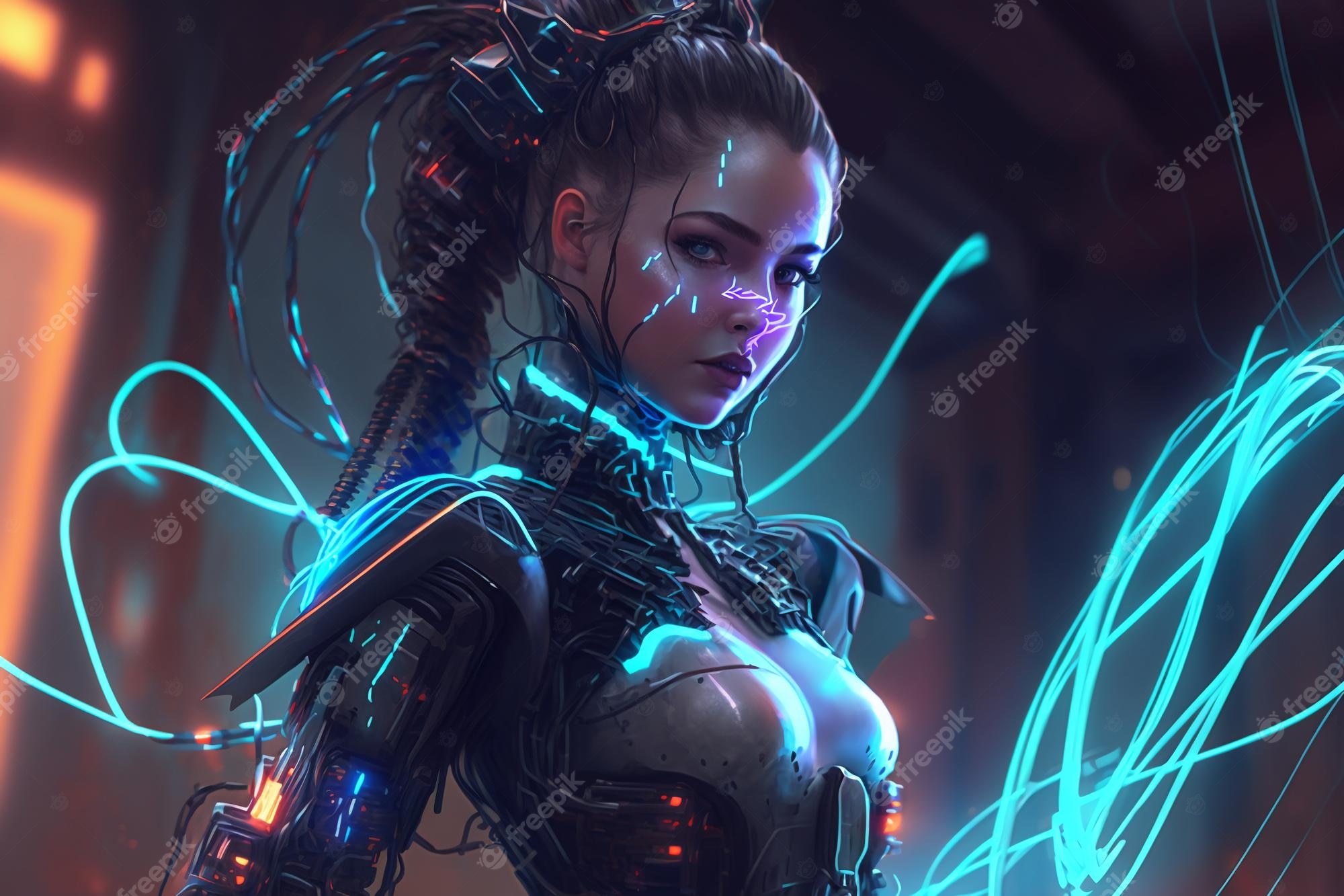 Premium Photo. Cyborg girl in neon style robot woman