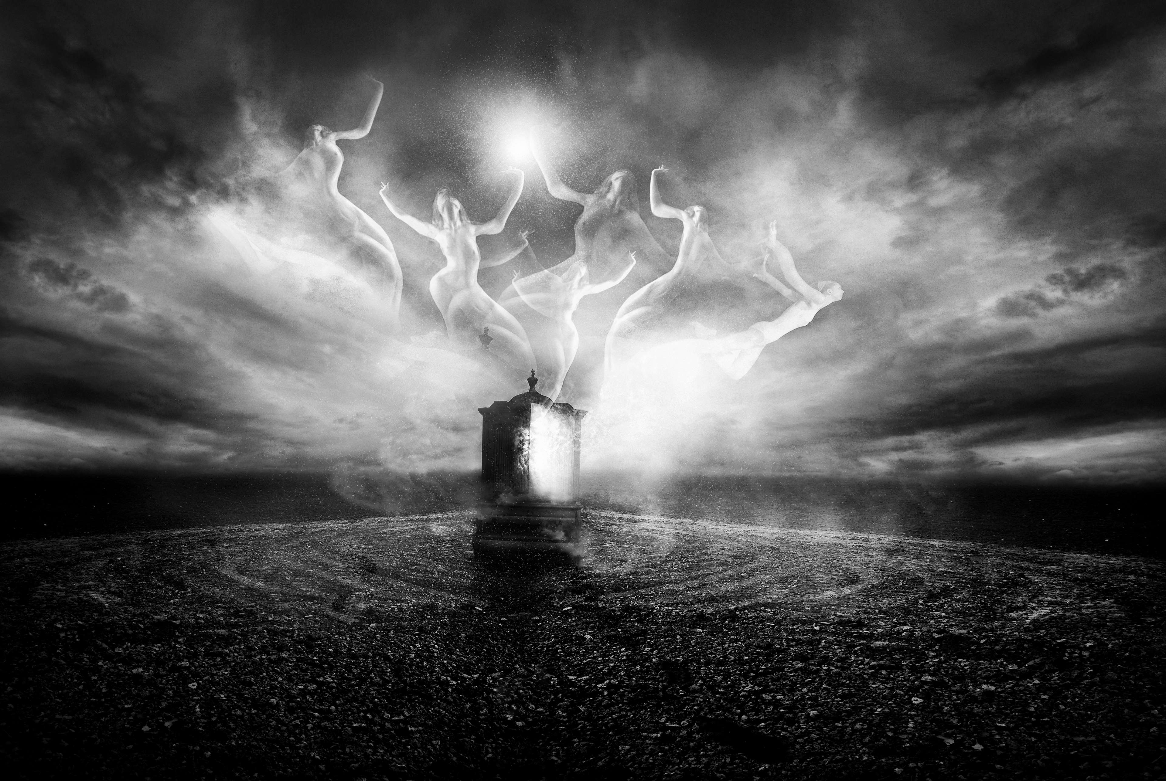 art, black and white, clouds, cloudy, dark, dark clouds, landscape, night, sky, smoke, stones, sunset, water 4k Gallery HD Wallpaper