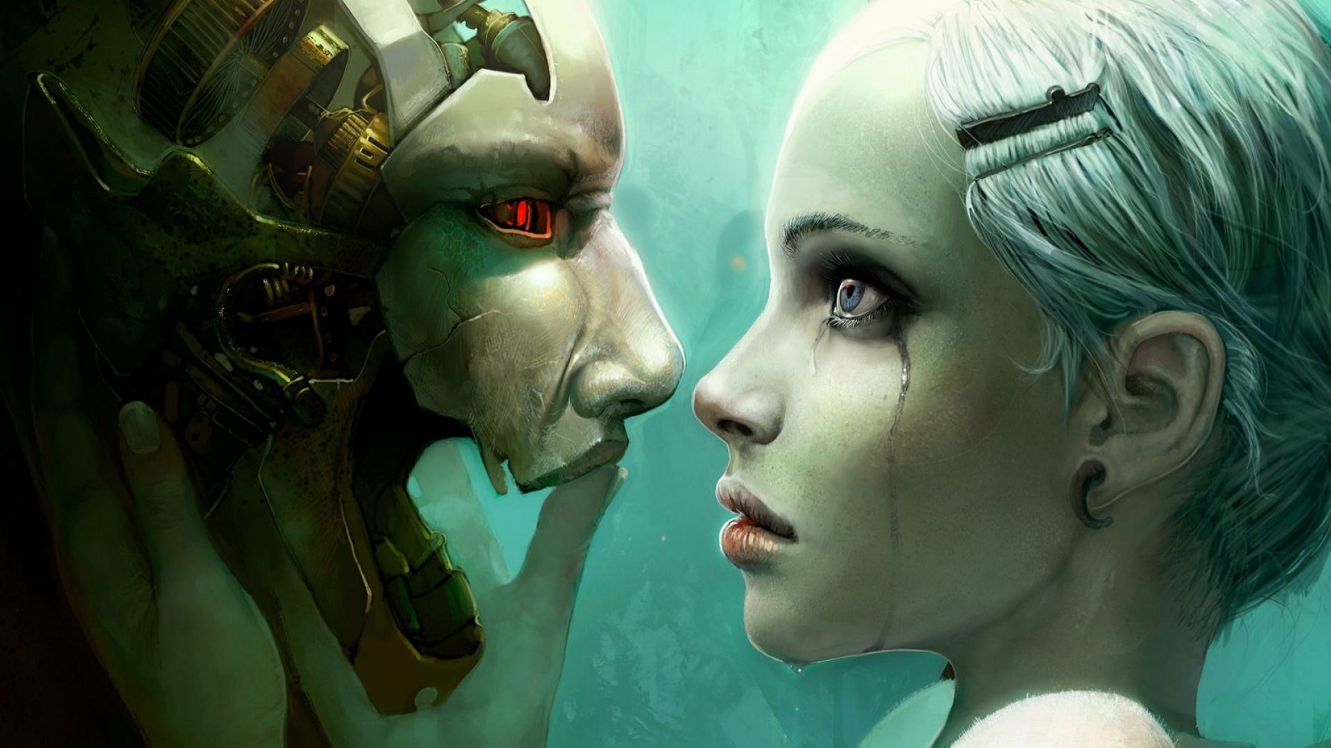 Download Wallpaper 1920x1080 robot, girl, person, mechanism, tears Full HD 1080p HD Background