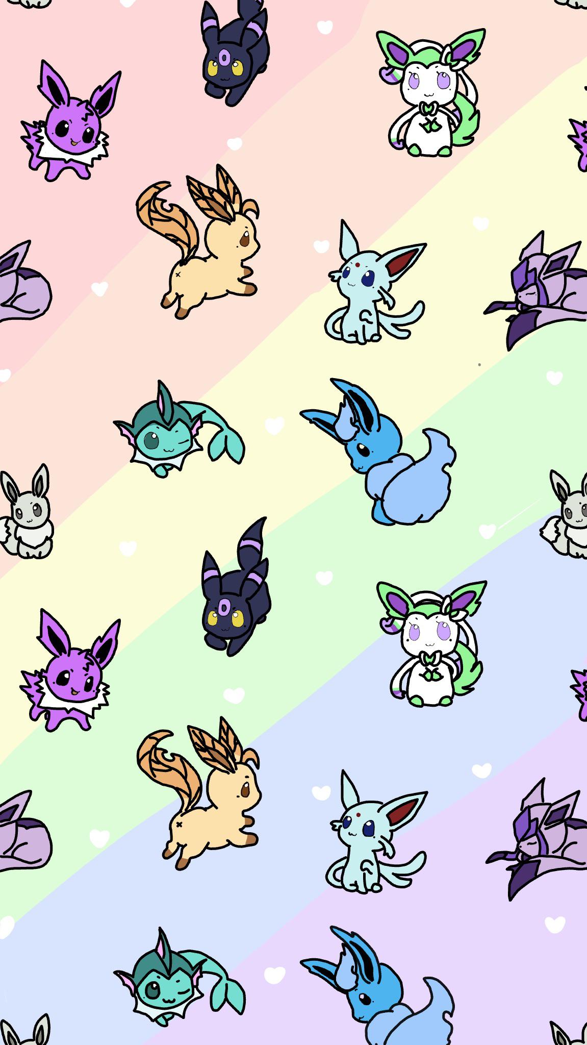 Made some new shinies for the Eeveelutions, and now I put them on a wallpaper! I based it off of a existing wallpaper, link to it in the comments