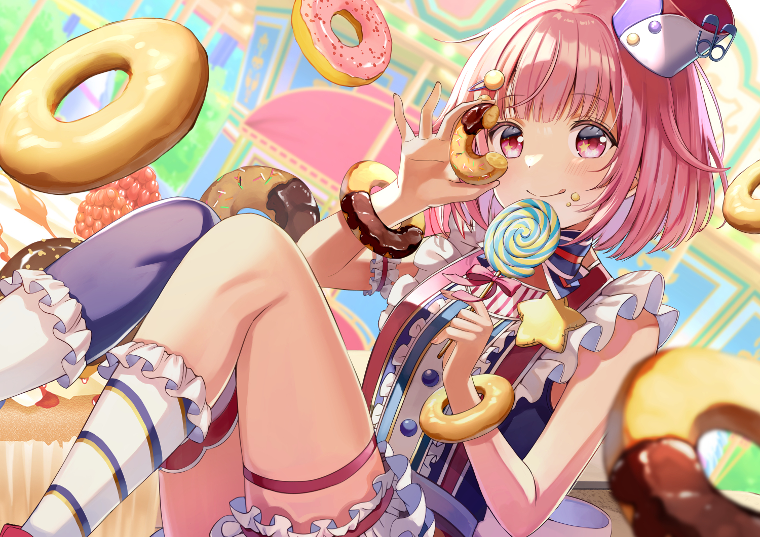 Yuuka Nonoko Anime Girls Donut Sweets Lollipop Pink Hair Wallpaper:1500x1061