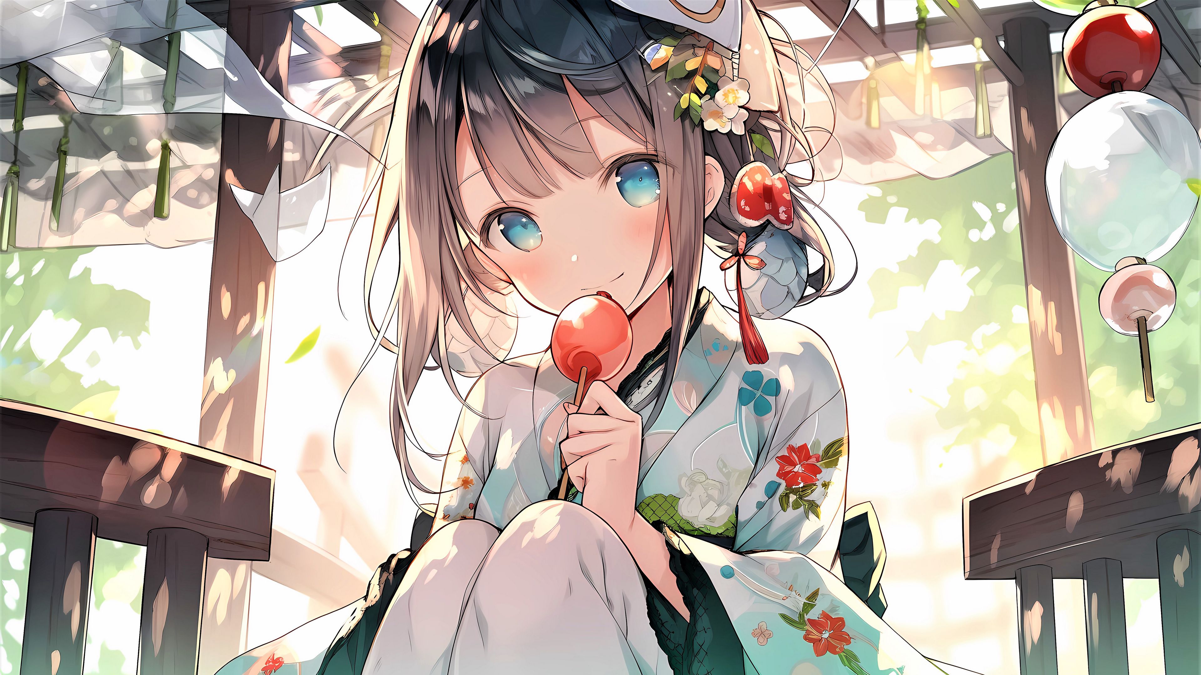 Download wallpaper 3840x2160 girl, smile, decoration, kimono, candy, anime 4k uhd 16:9 HD background