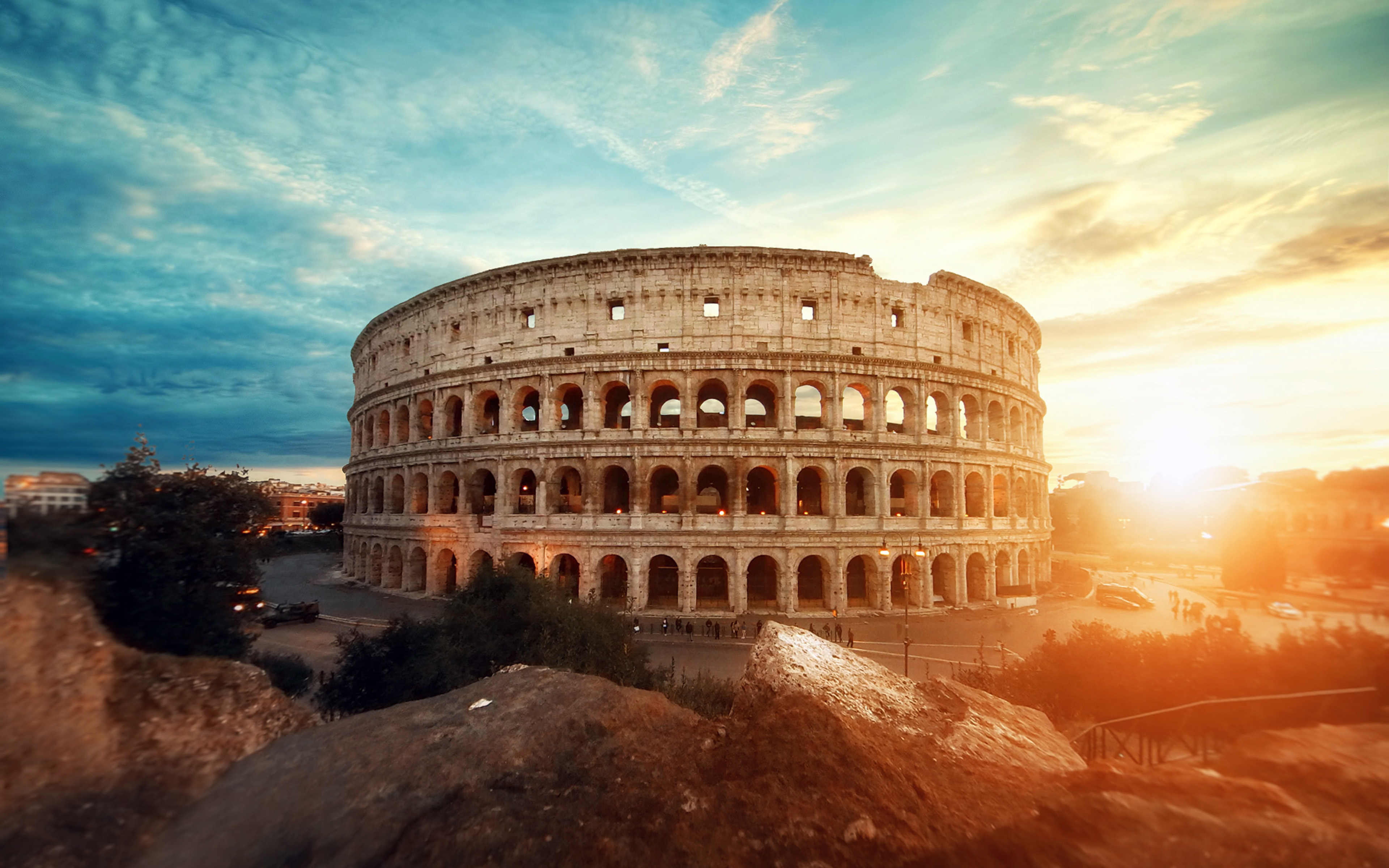Download wallpaper Coliseum, 4k, sunset, Flavian Amphitheatre, italian landmarks, Colosseum, Rome, Italy, Europe for desktop with resolution 3840x2400. High Quality HD picture wallpaper