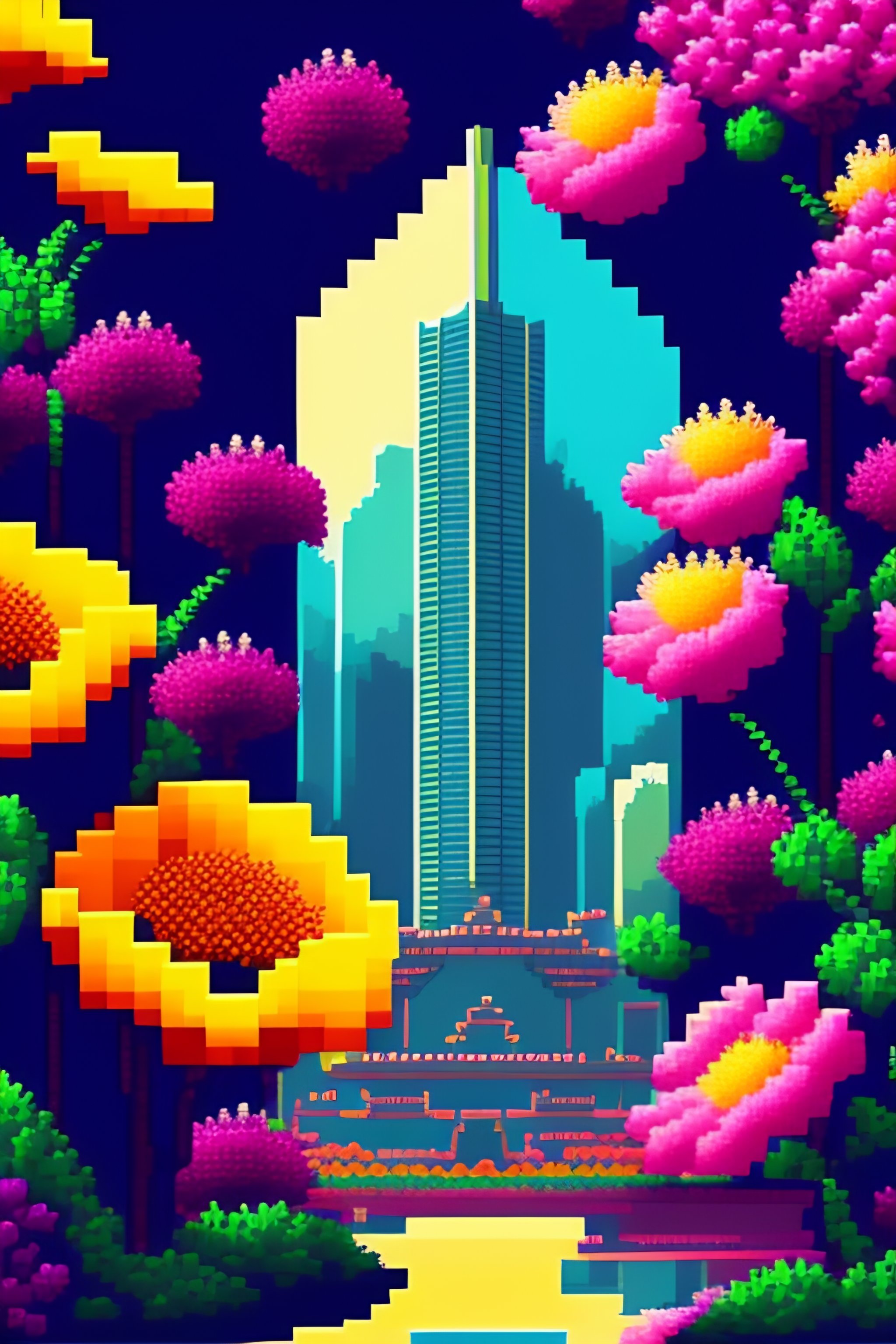 Pixel art tokyo. 3D pixel art 4k wallpaper. incredible pixel art details. flowers. pixel art. lots of flowers in foreground