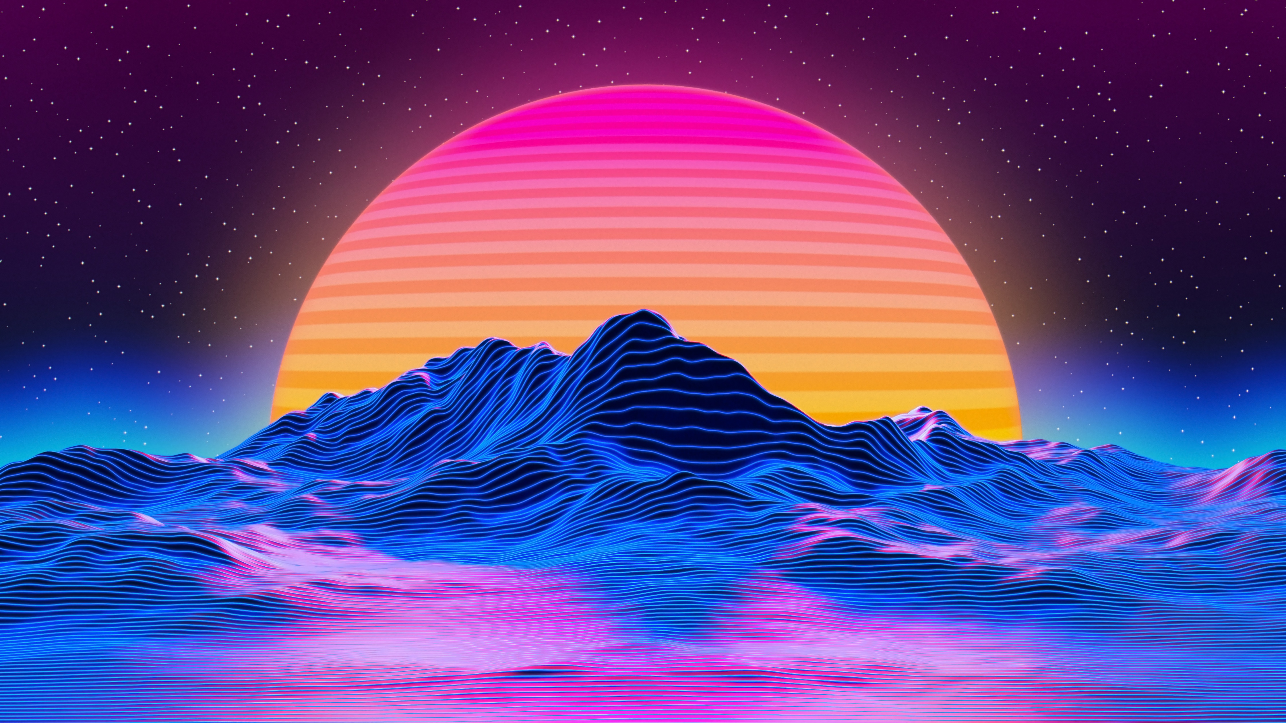 Mountains Wallpaper 4K, RetroWave art, Landscape, Neon