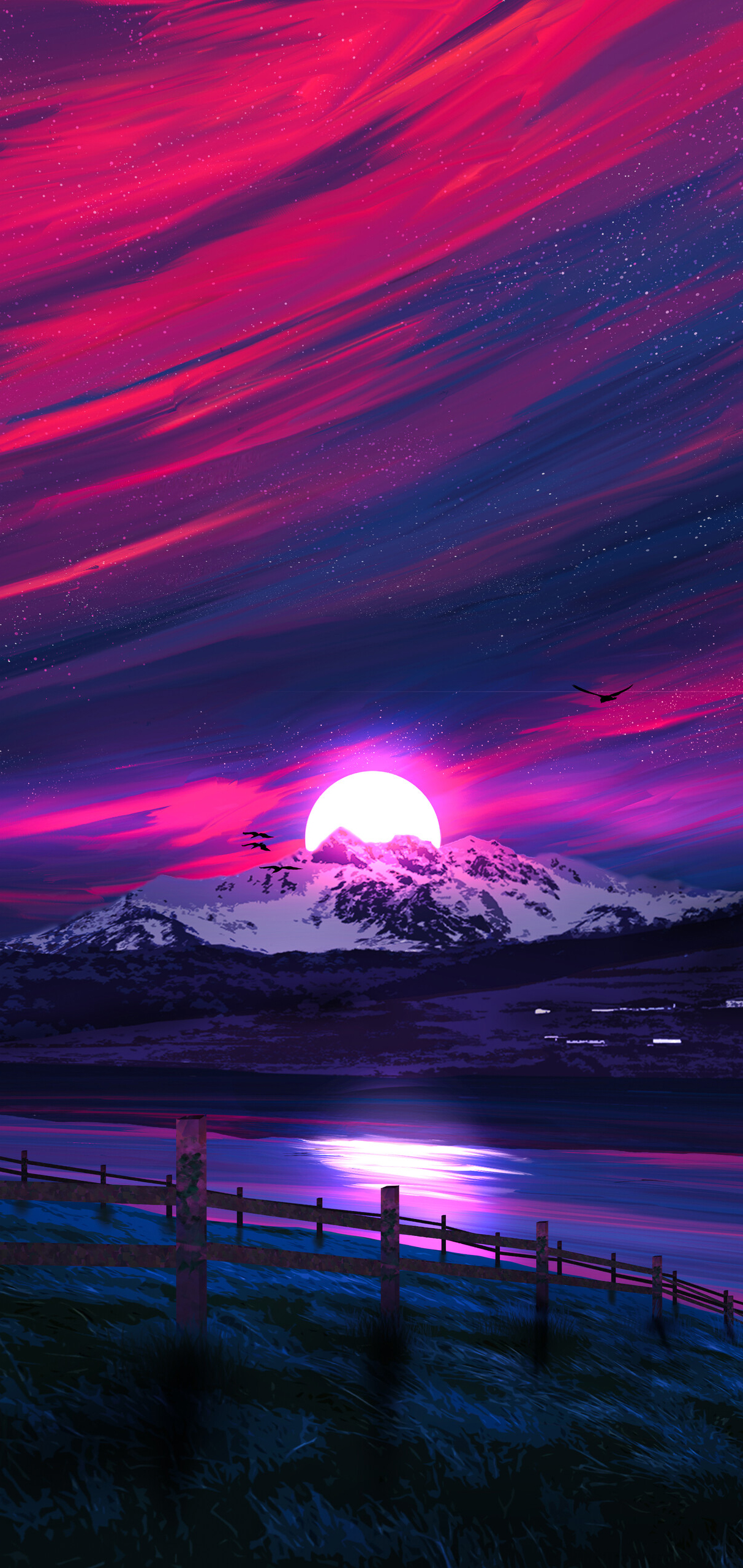 Wallpaper Neon Landscape, Landscape Painting, Landscape, Art, Sunset, Background Free Image
