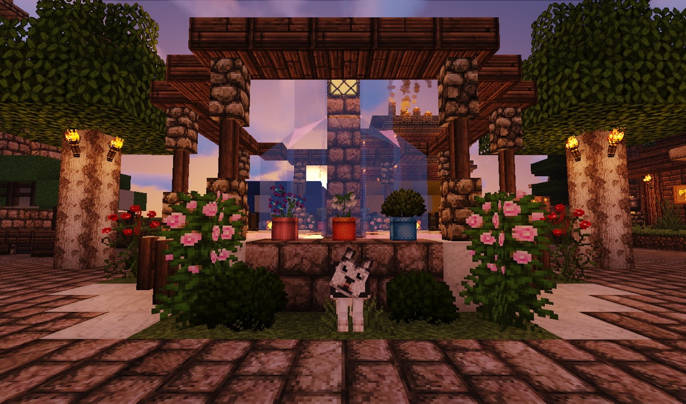 Wallpaper / water, wolf, hell, rose, bridge, green, screen shot, Minecraft nether, colorful, fountain, trees, flowers, lava, sunlight, nature, Minecraft, house, clear sky free download