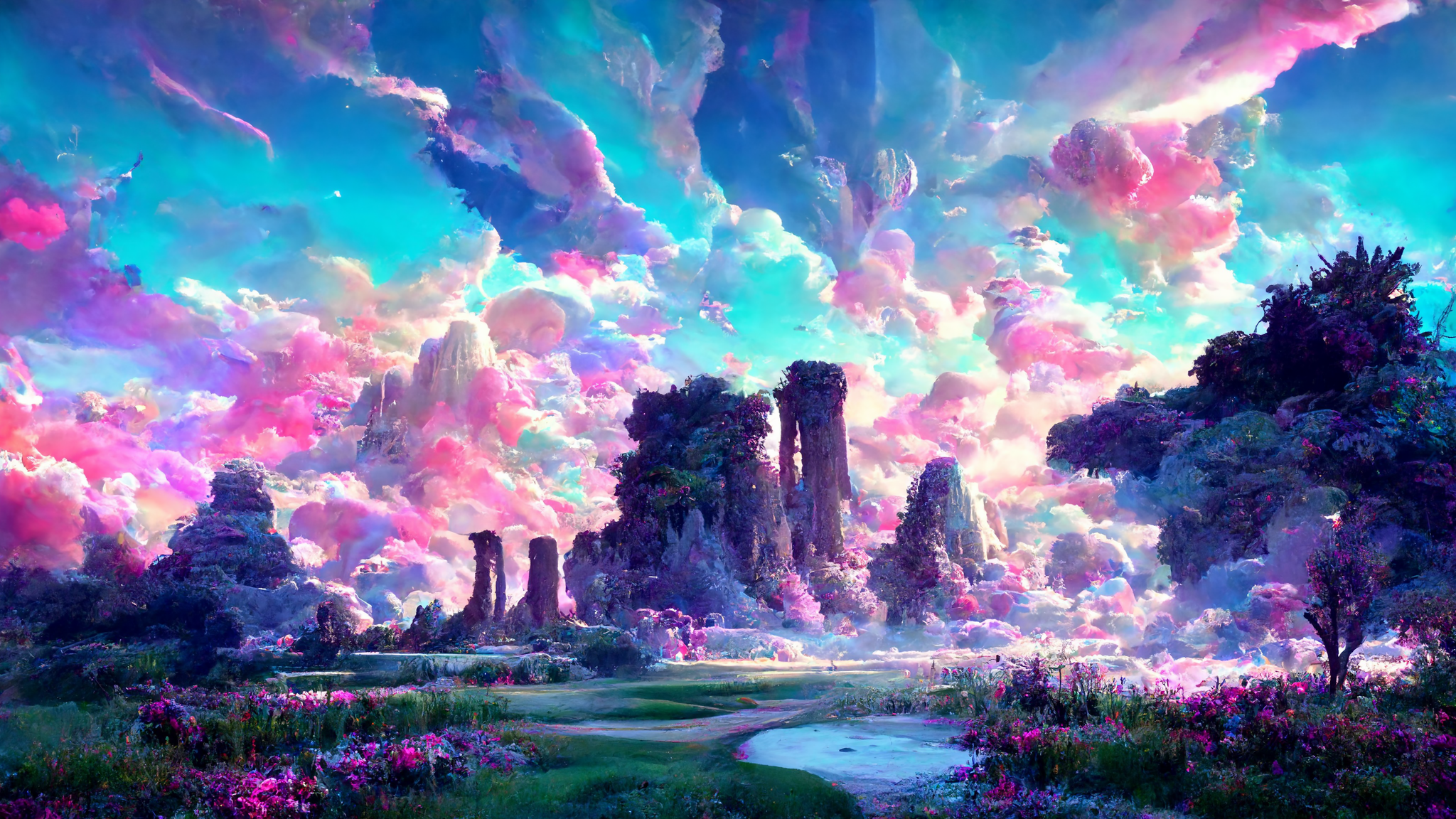 Fairy Pools Bright Neon Nature Hills Clouds Lake Ai Wallpaper:2048x1152