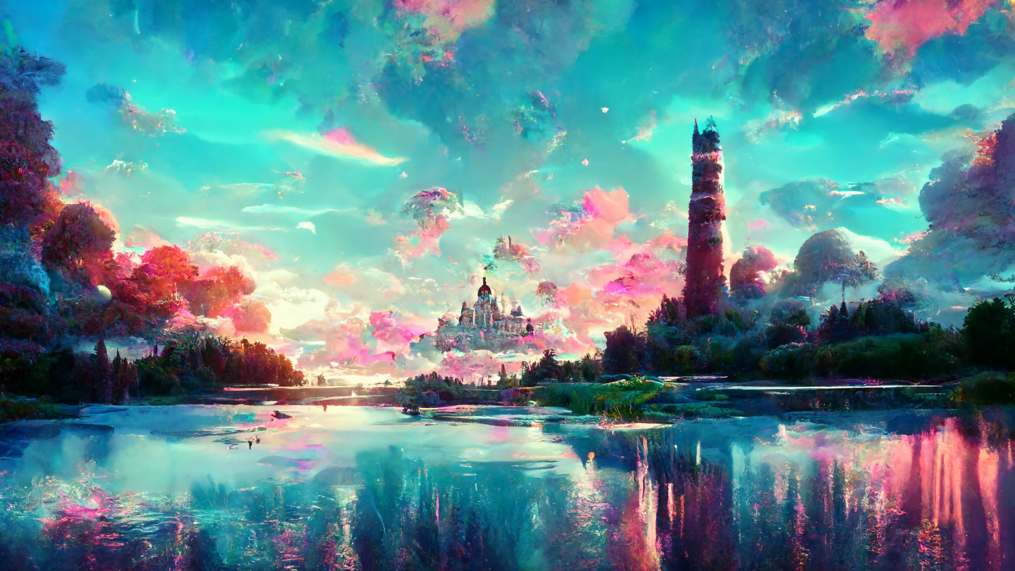 Wallpaper, fantasy castle, lighthouse, lake, clouds, sky, neon, vaporwave, forest, ai 2048x1152