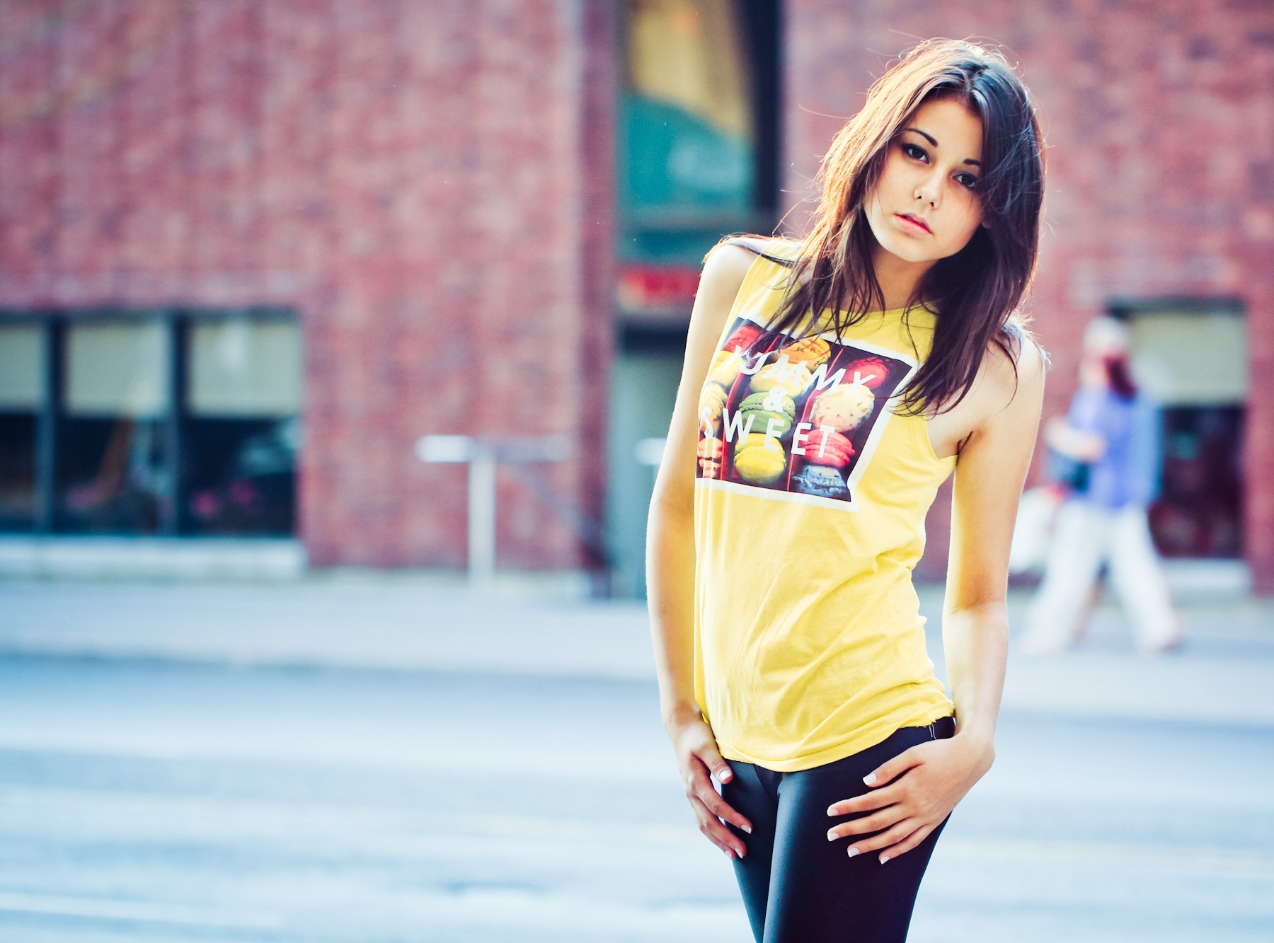 Wallpaper, women, model, brunette, photography, dress, yellow, blue, skinny, fashion, spring, clothing, color, beauty, season, footwear, photo shoot, abdomen 1800x1333