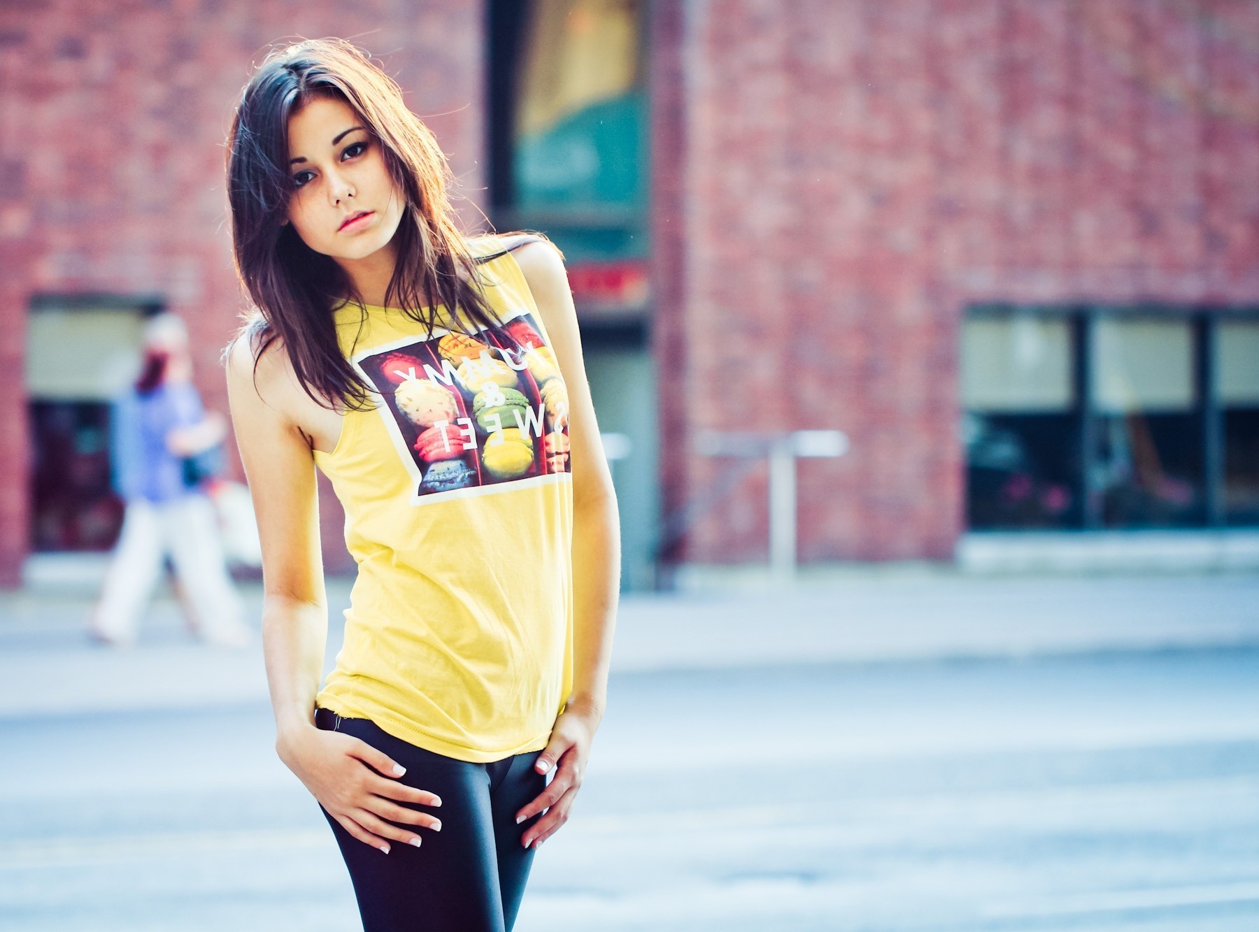 Wallpaper, women, model, yellow, blue, fashion, spring, color, girl, beauty, season, footwear, photo shoot, abdomen, 1800x1333 px 1800x1333
