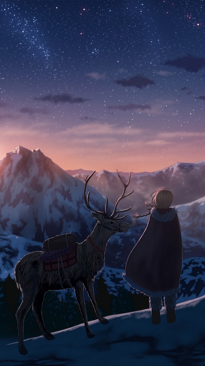 Wallpaper / Anime Original Phone Wallpaper, Landscape, Deer, Mountain, Winter, Sunset, 720x1280 free download