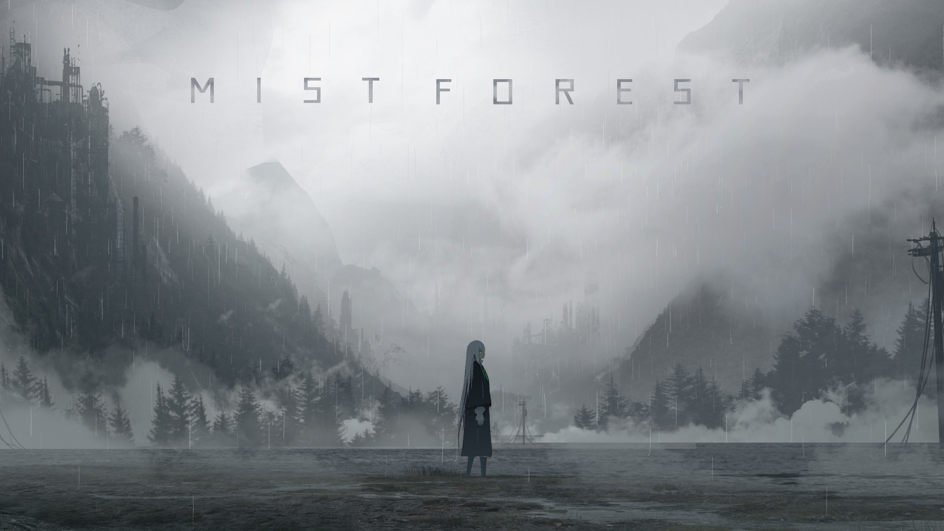 Wallpaper, anime girls, women, winter, snow, mist, mountains, rain, forest, lake, spruce, trees 1920x1080