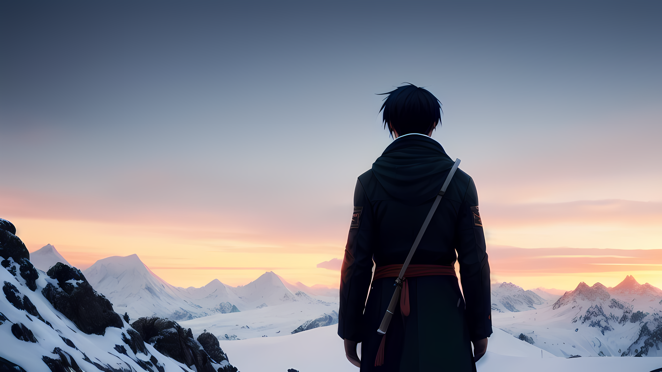 Stable Diffusion Snowy Mountain Mountains Anime Boys Snow Sunset Glow Wallpaper:2560x1440
