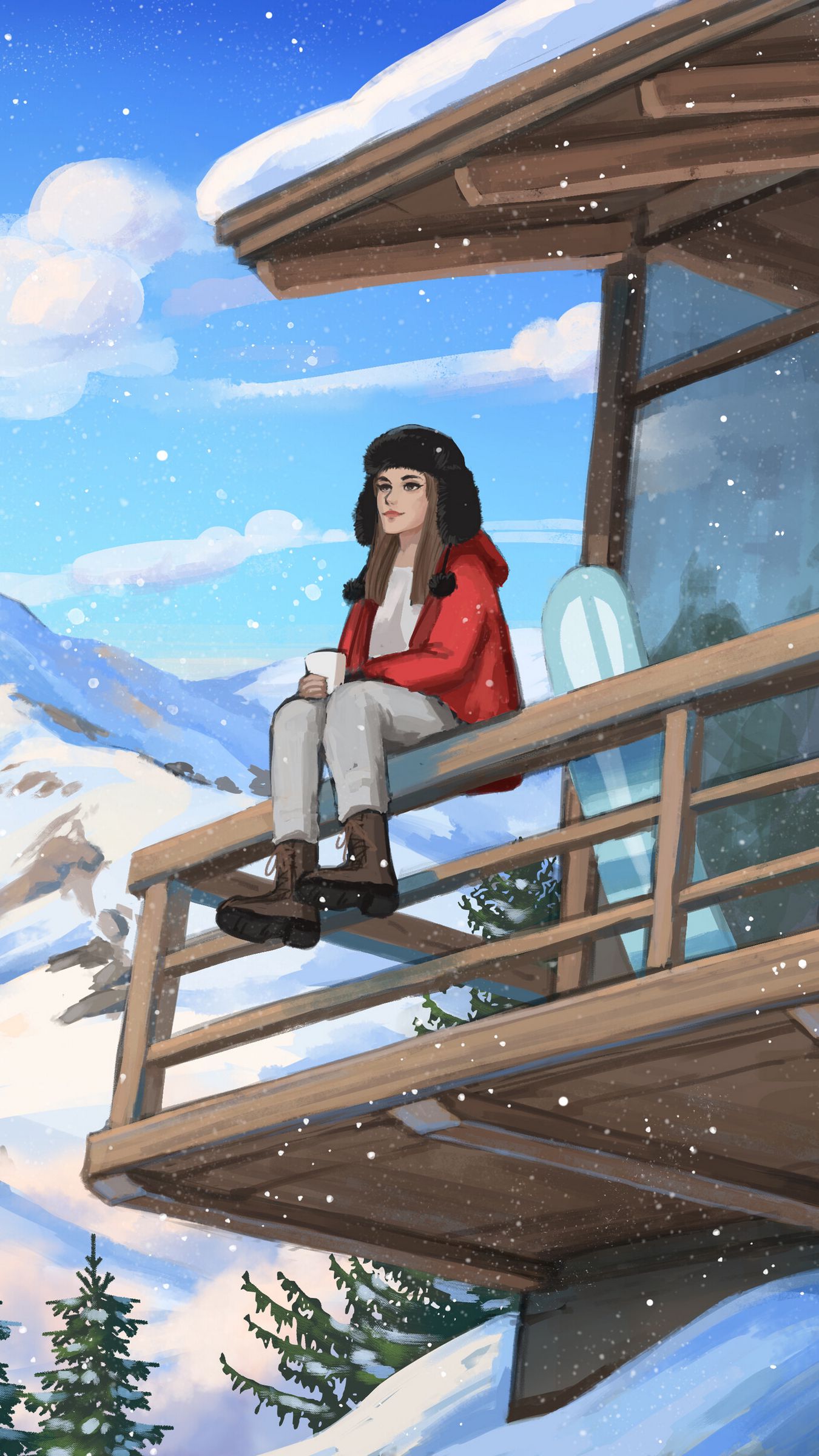 Download wallpaper 1350x2400 girl, coffee, mountains, snow, winter, art iphone 8+/7+/6s+/for parallax HD background