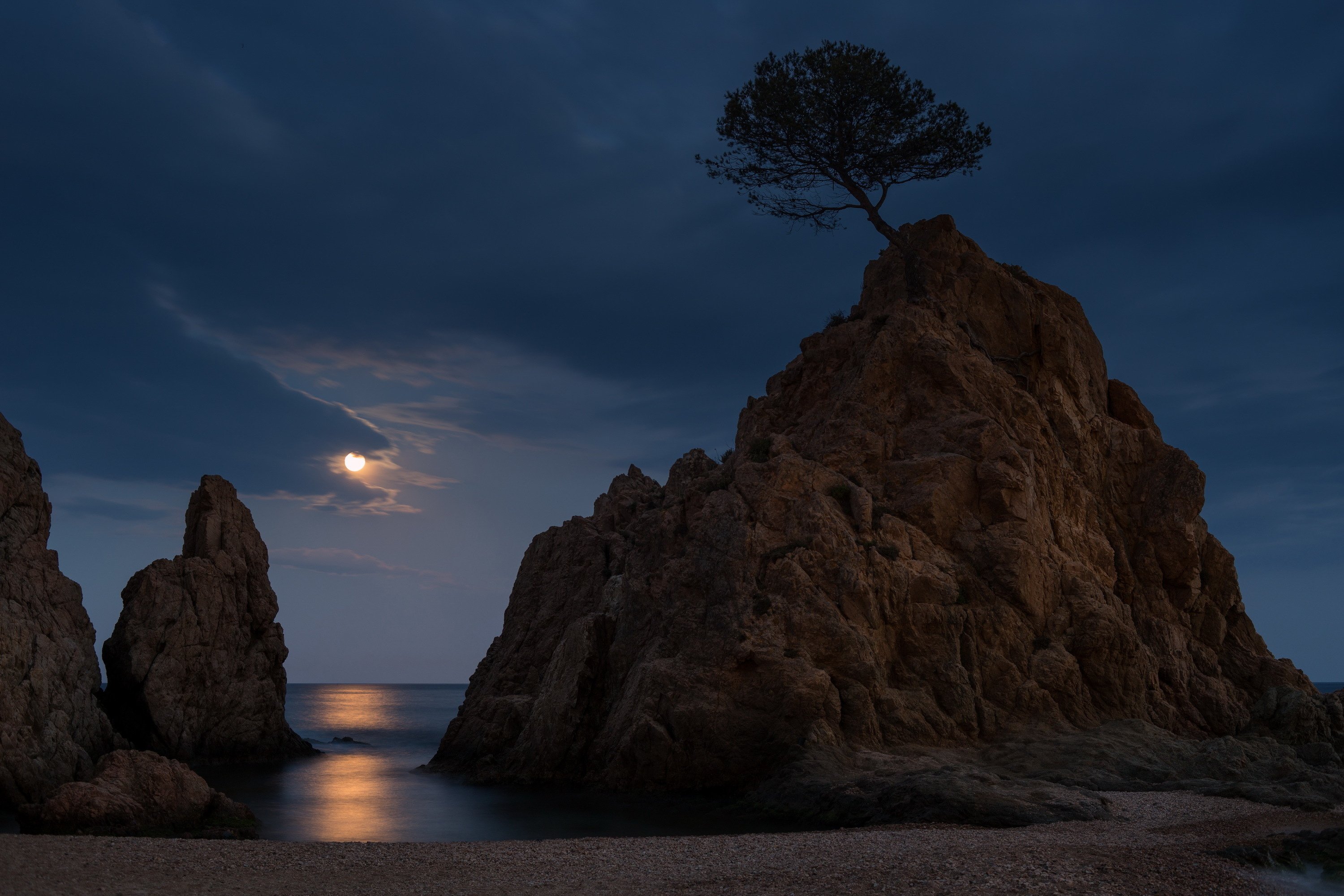 Tossa de Mar Costa Brava Spain Spain night moon moonlight rocks sea beach tree landscape nature wallpaperx2001