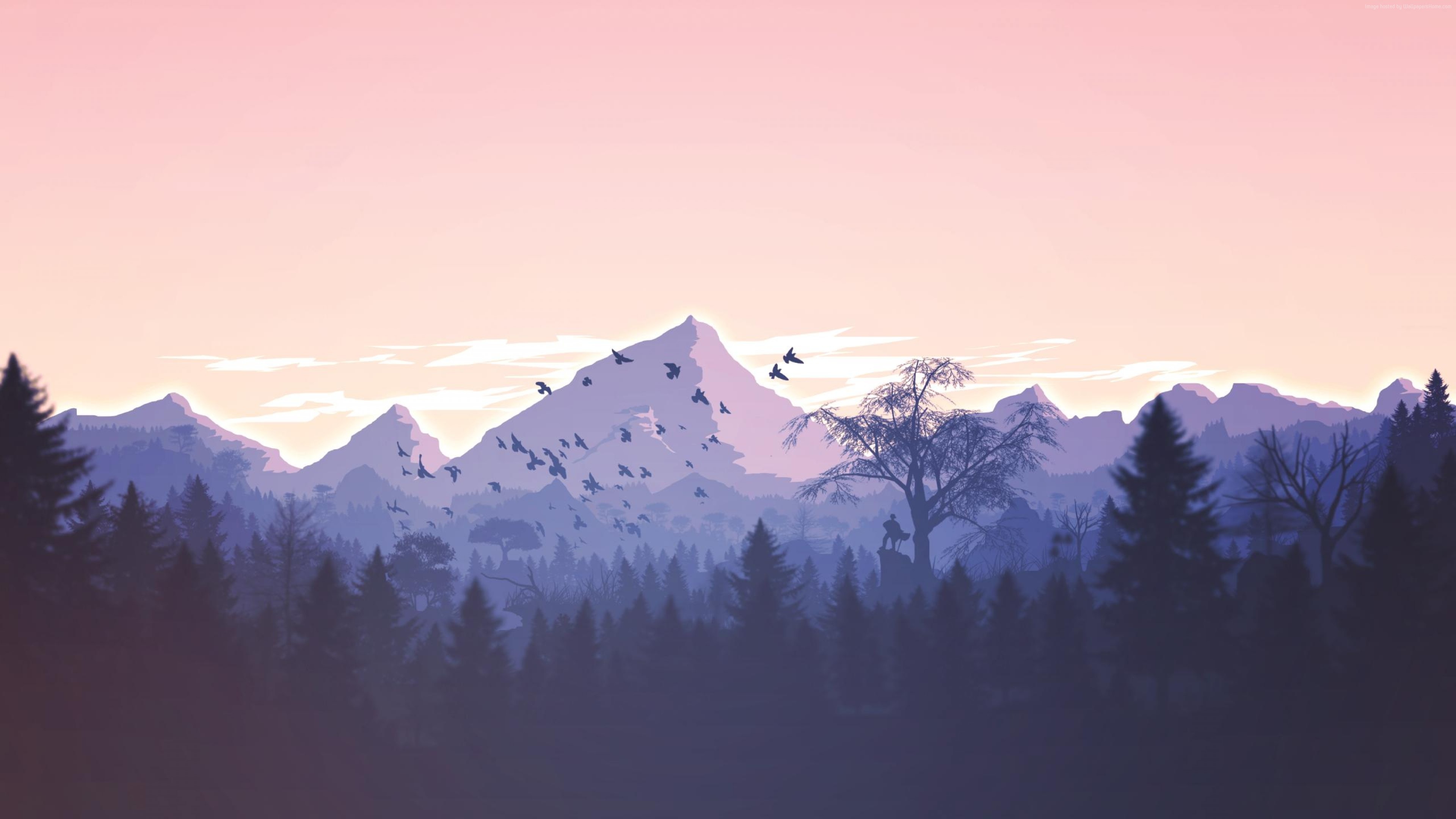 Wallpaper 4k Wallpaper forest, mountains, violet, birds, art, HD, Abstract Wallpaper