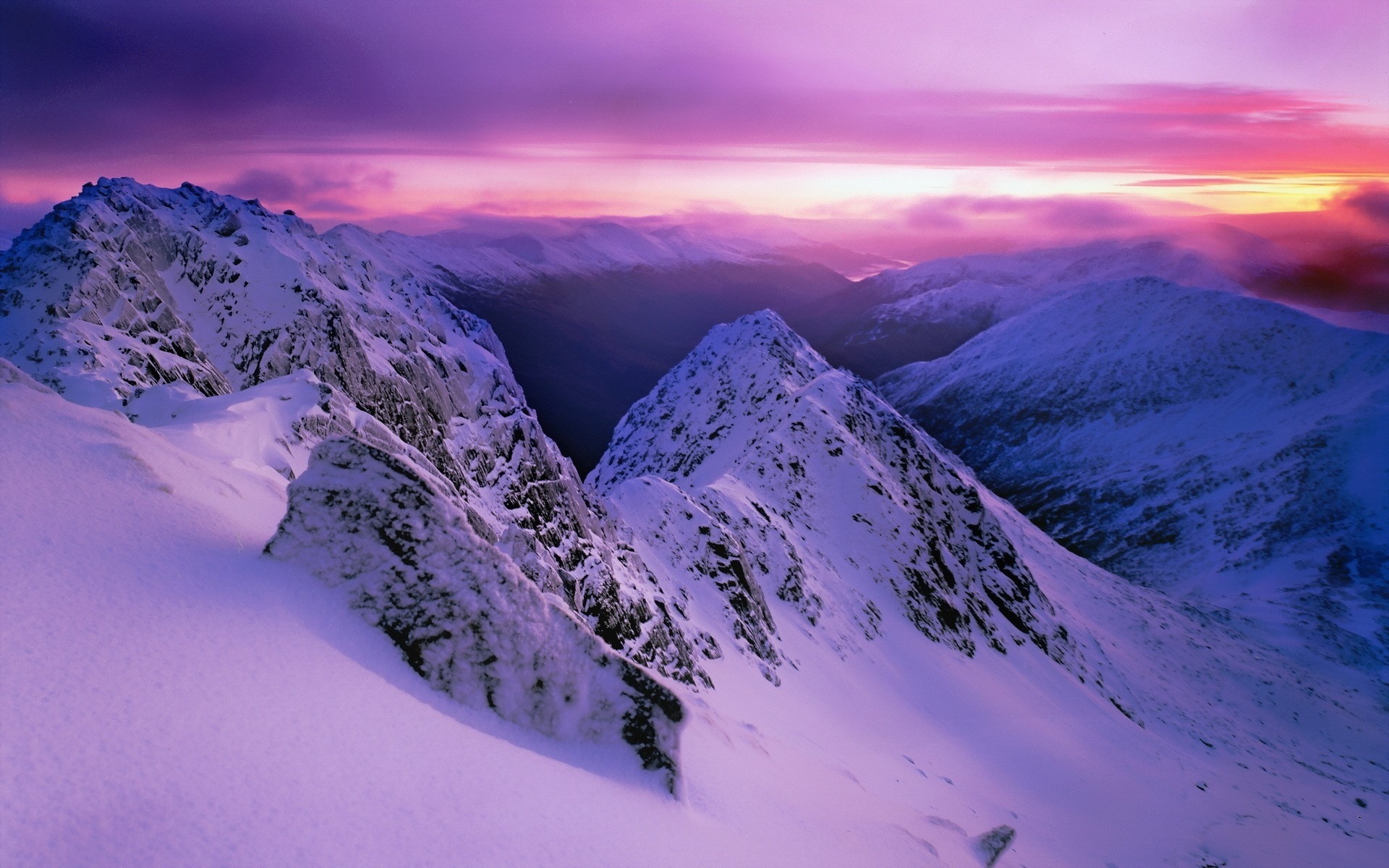 Purple Mountain Peaks Snow Scenery High Quality Wallpaper