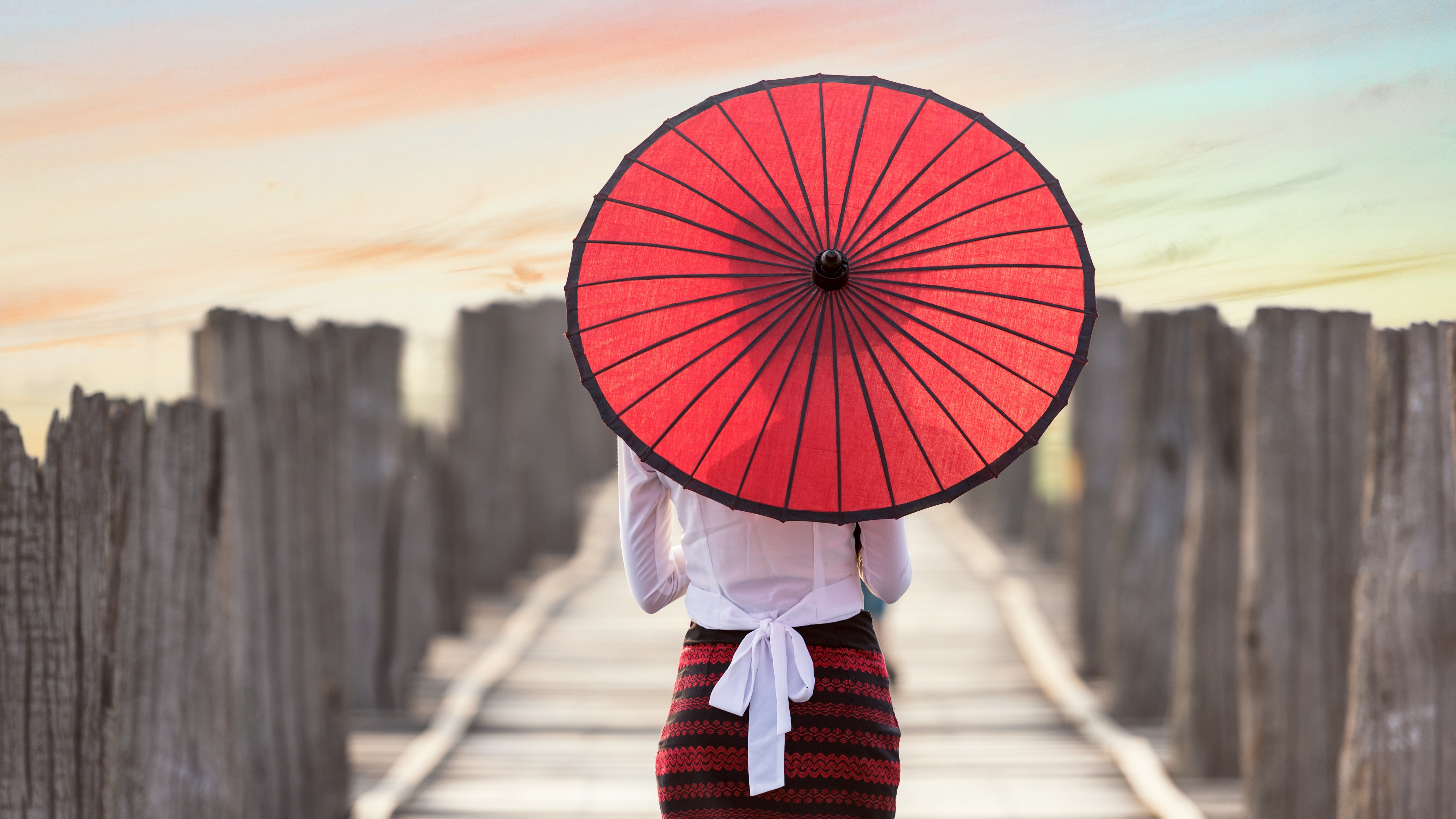 Red Umbrella Wallpaper 4K, Burmese woman, Wooden pier, Girl