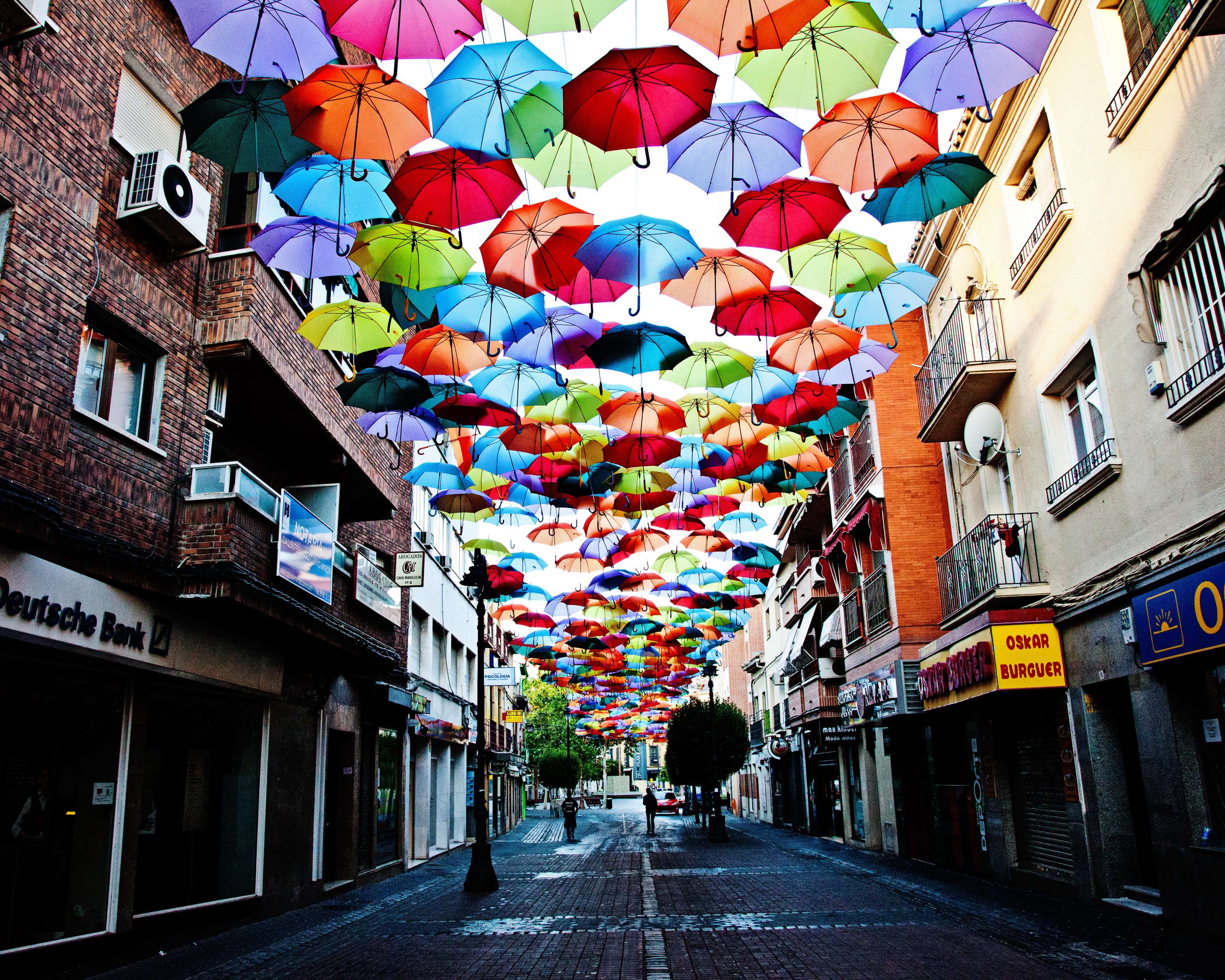 bright colours, spain, street art, umbrellas 4k Gallery HD Wallpaper