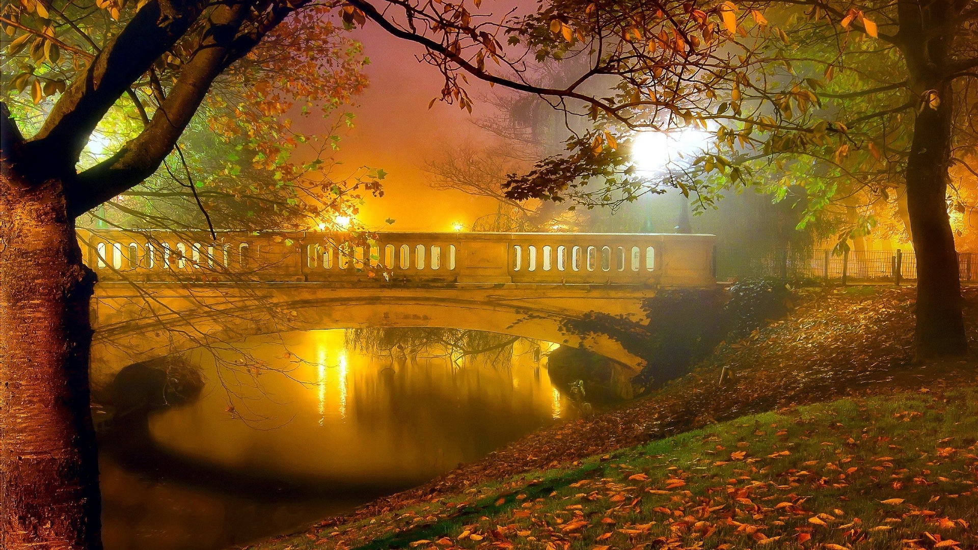 Wallpaper / lake, autumn, bridge, beautiful, evening, trees, reflection free download