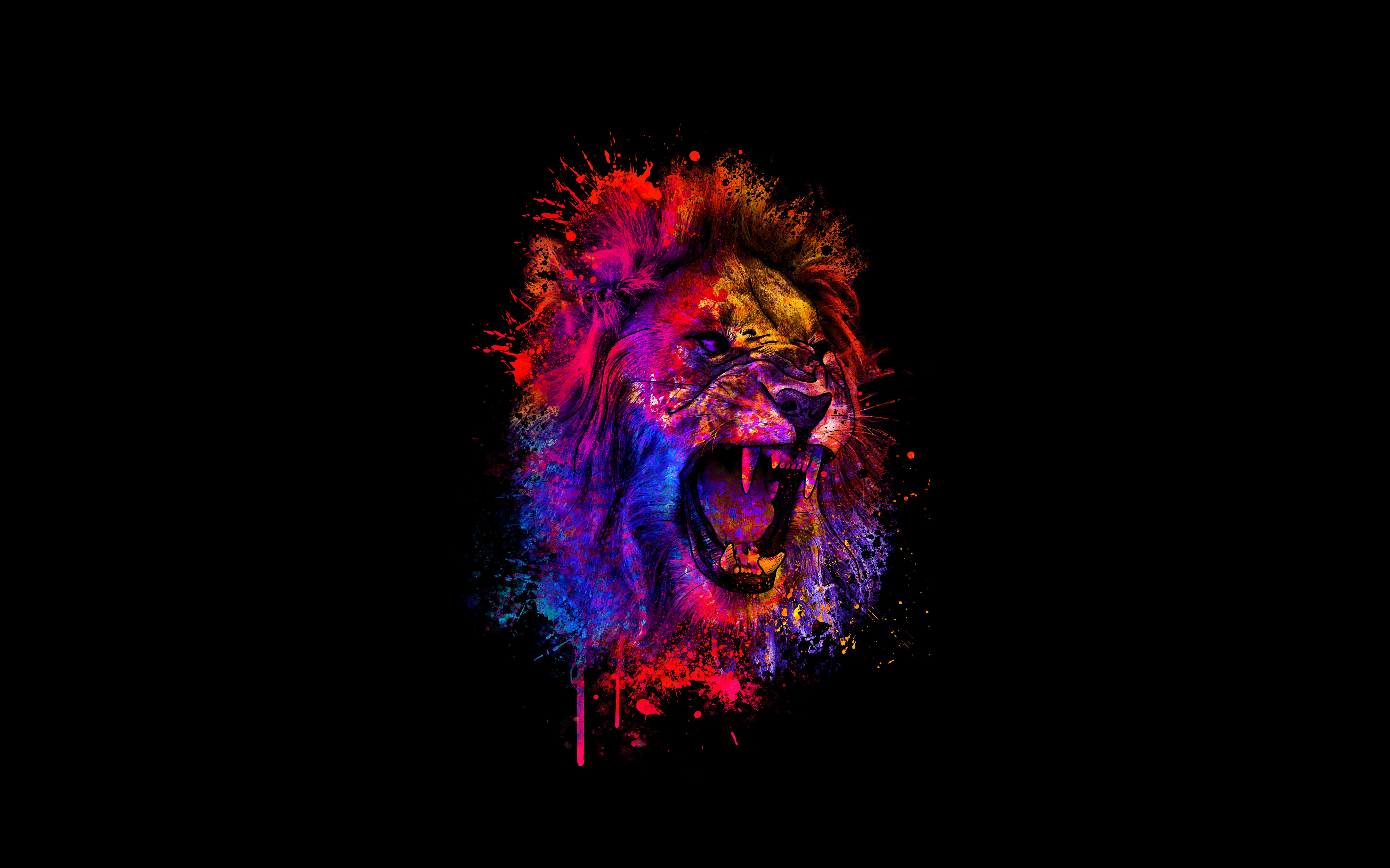 Download wallpaper 4k, abstract lion, paint splashes, creative, minimal, artwork, black background, abstract animals, lion minimalim, lion art, lion for desktop with resolution 3840x2400. High Quality HD picture wallpaper