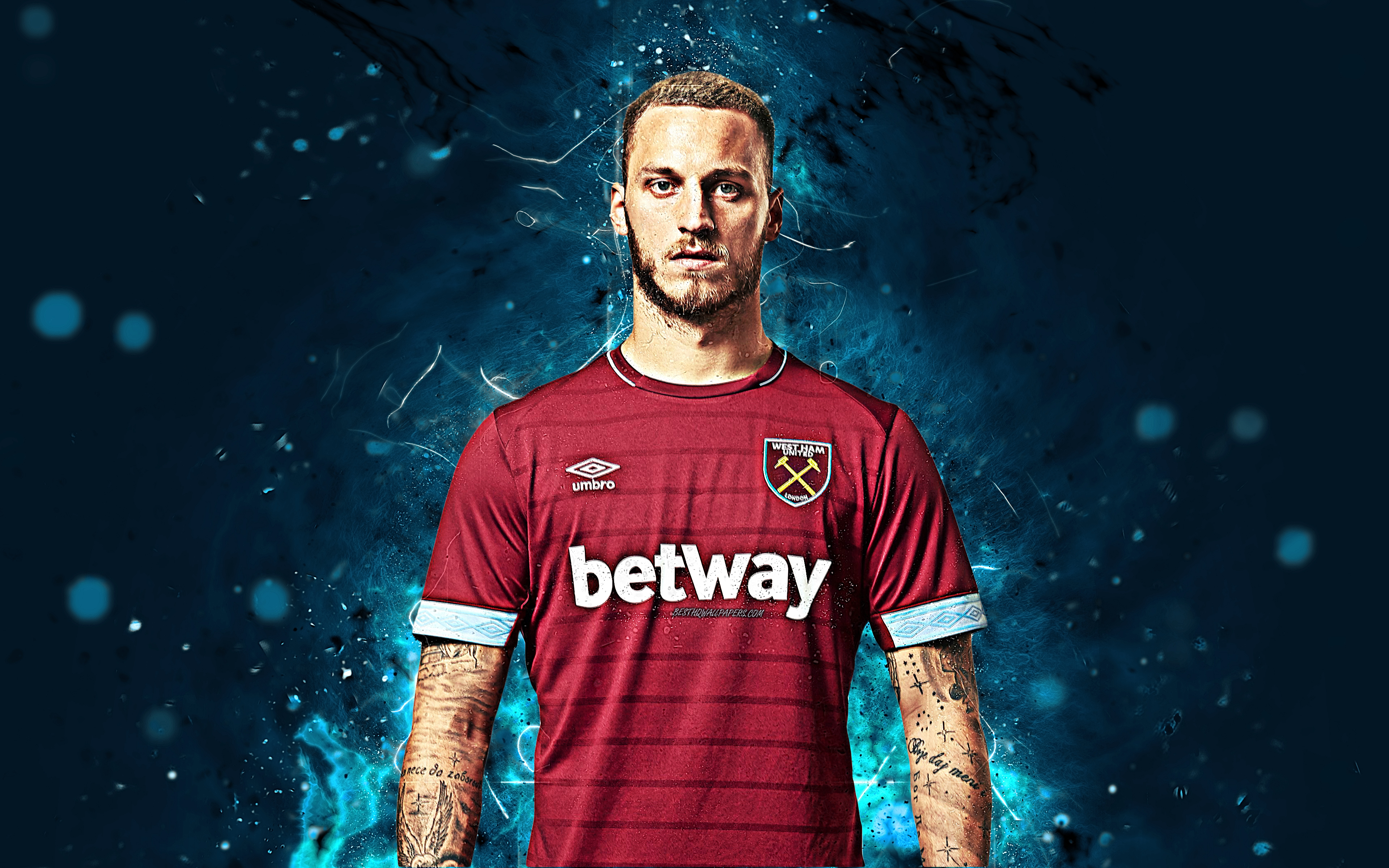 Download wallpaper 4k, Marko Arnautovic, abstract art, football stars, West Ham United, soccer, Arnautovic, Premier League, footballers, neon lights, West Ham United FC for desktop with resolution 3840x2400. High Quality HD picture