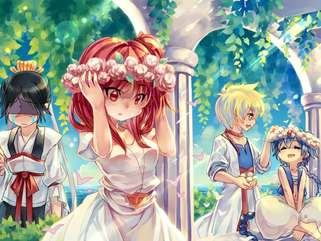 Download wallpaper girl, garden, art, guys, Aladdin, Ren Hakuryuu, Morgiana, Ali Baba Saluja, Magi: The Labyrinth of Magic, section other in resolution 1024x768