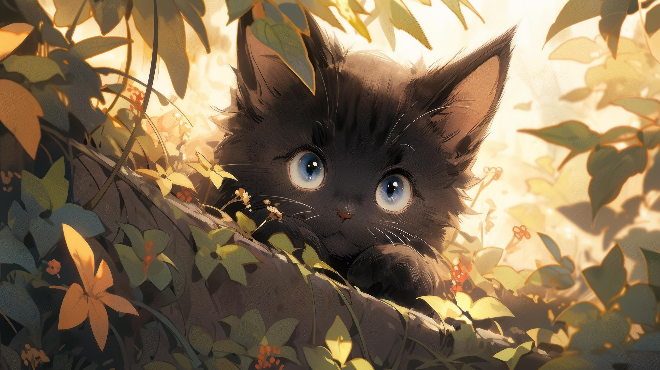 Adorable Black Cat in Autumn Leaves HD