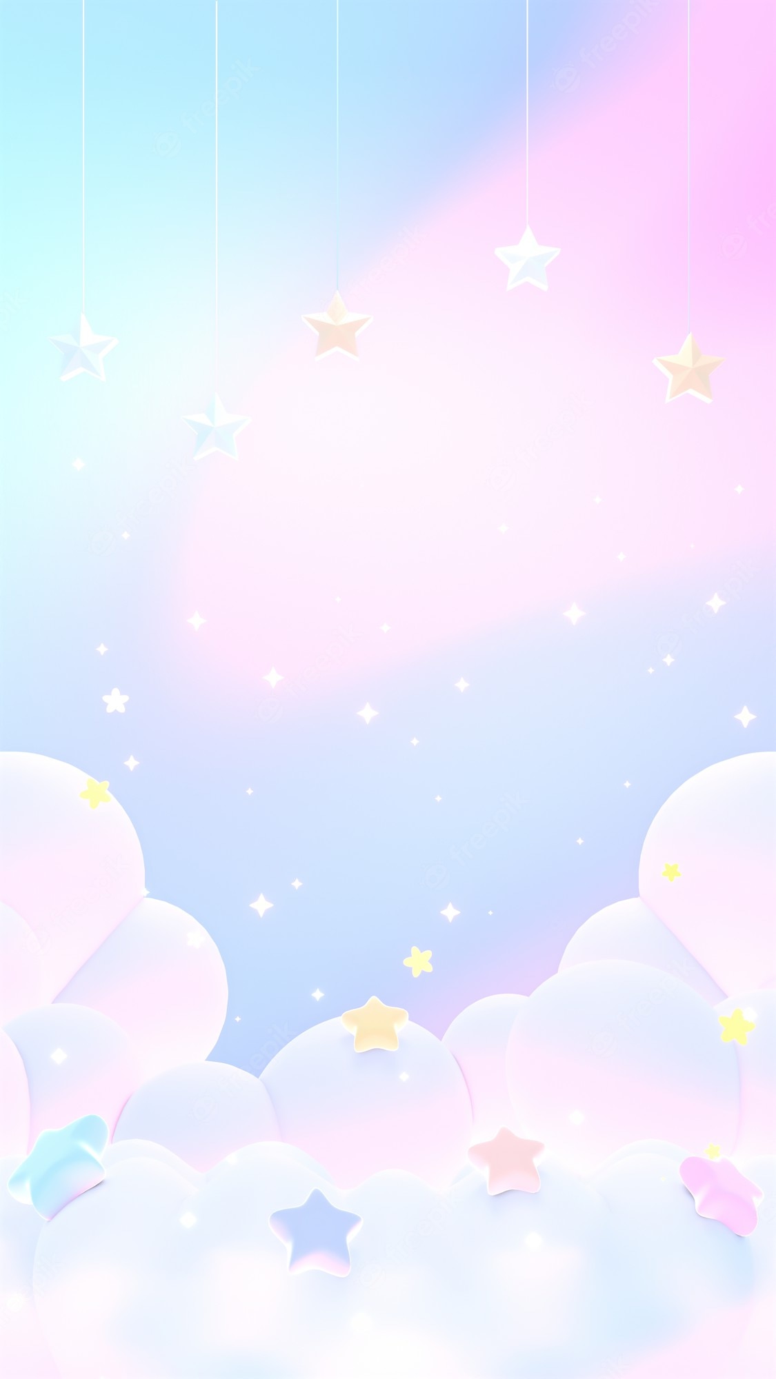 Premium Photod rendered vertical soft dreamy pastel clouds with hanging stars wallpaper