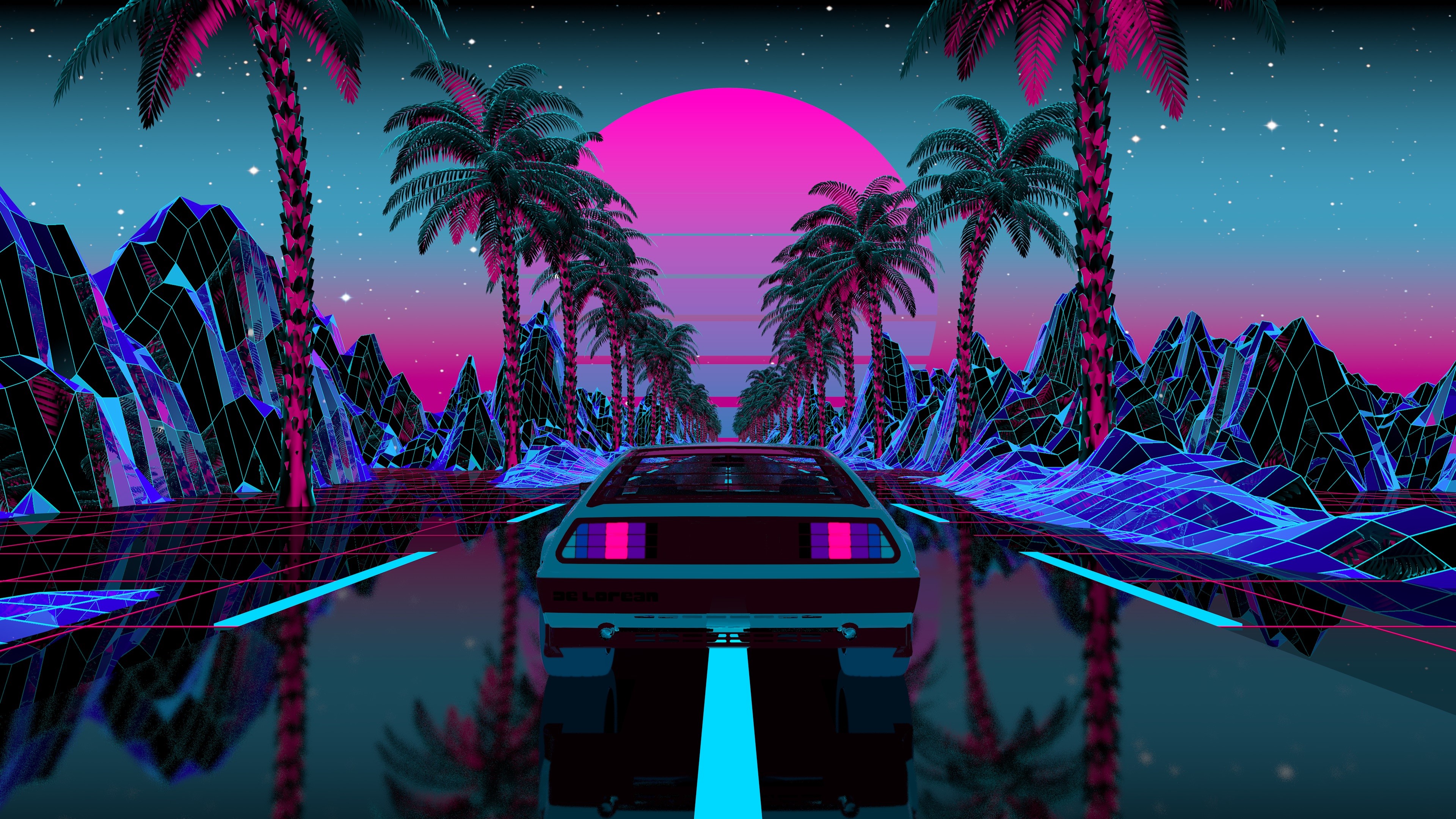 Wallpaper / vaporwave, cyberpunk, Synth, synthwave, 4K, palm trees, OutRun, digital, illustration, neon, mountains, cape, evening, night, stars, universe, sky, galaxy, Sun, Moon, mirror, grid, running, cyber, transport, car, reflection