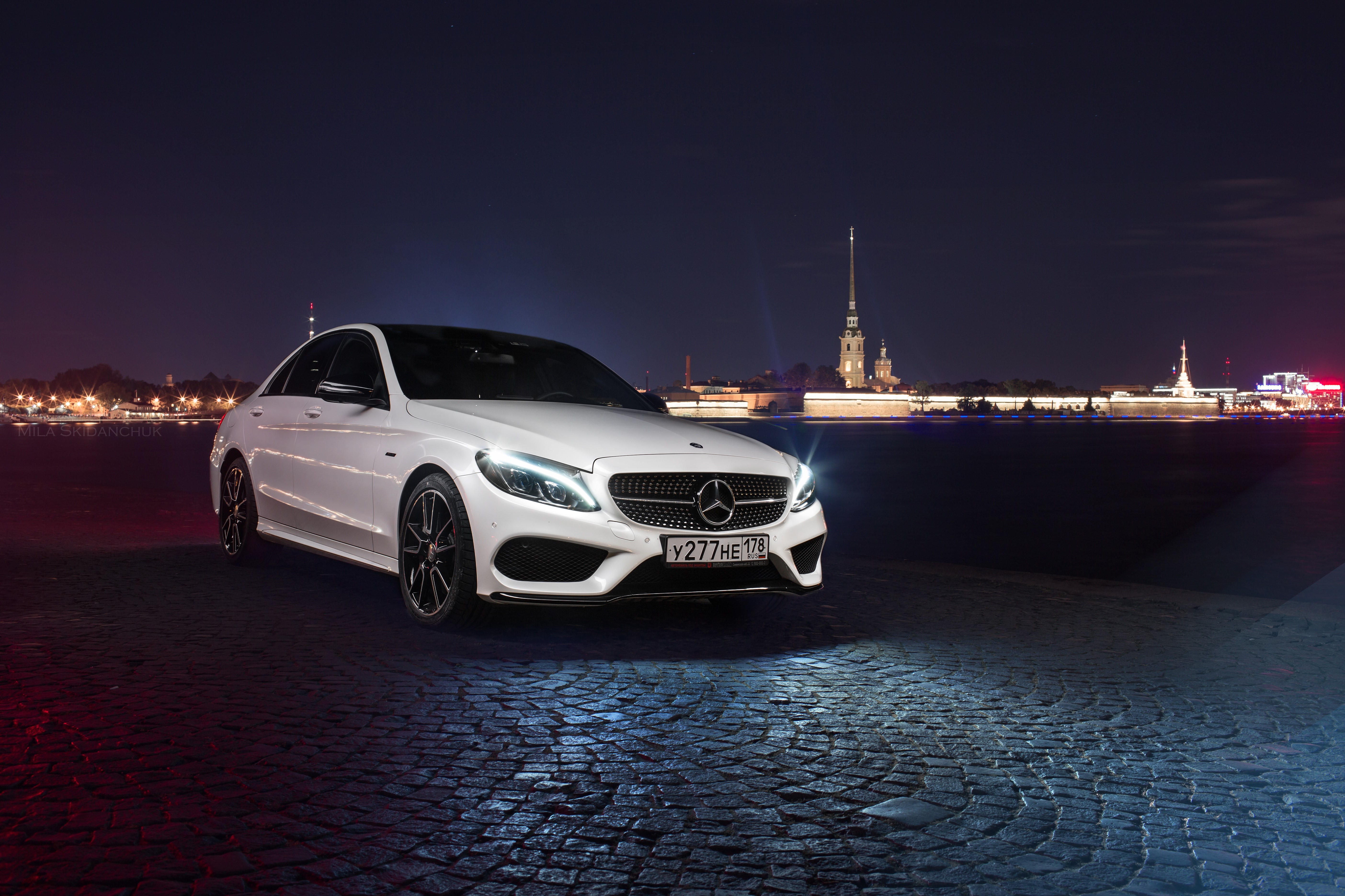 4K, 5K, C450 Amg 43, Mercedes Benz, White, Night Gallery HD Wallpaper