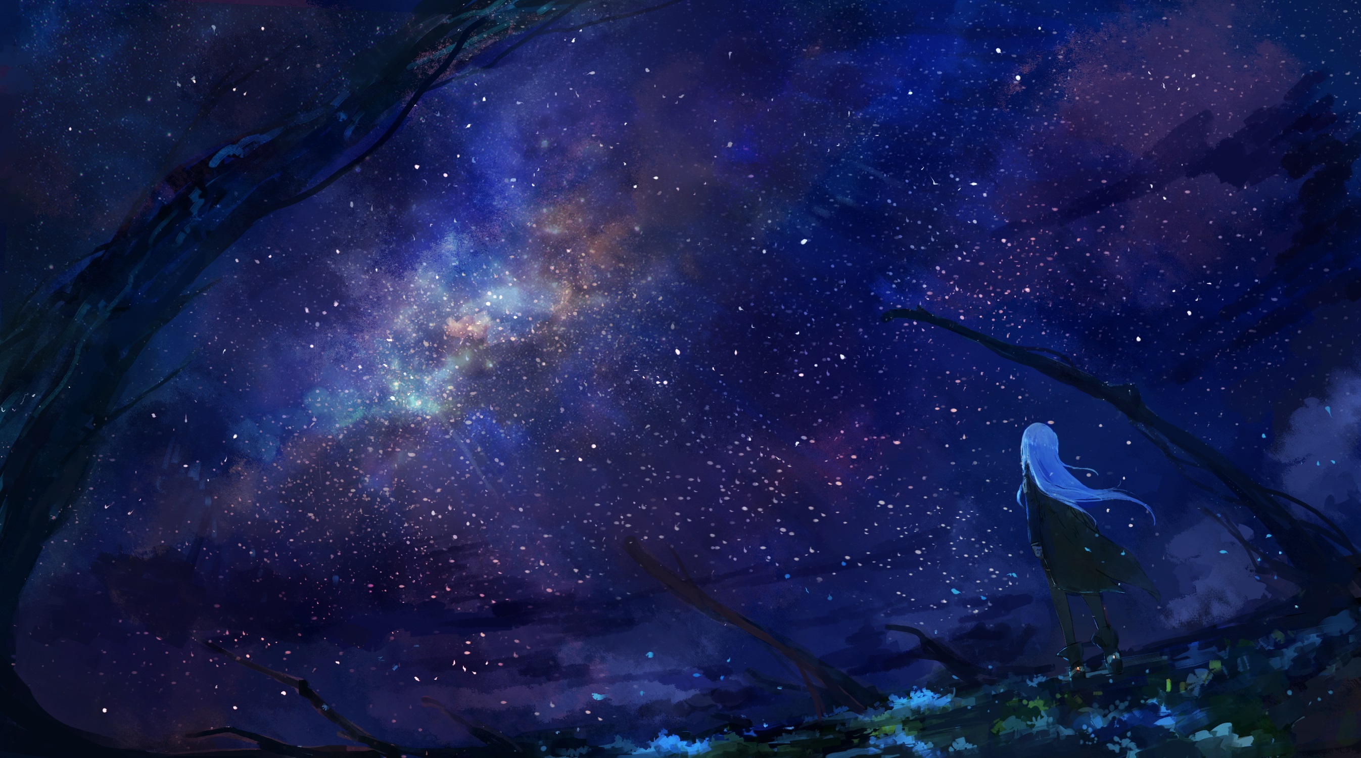 Starry Stars Night Sky Milky Way Anime Scenery Art HD 4K Wallpaper