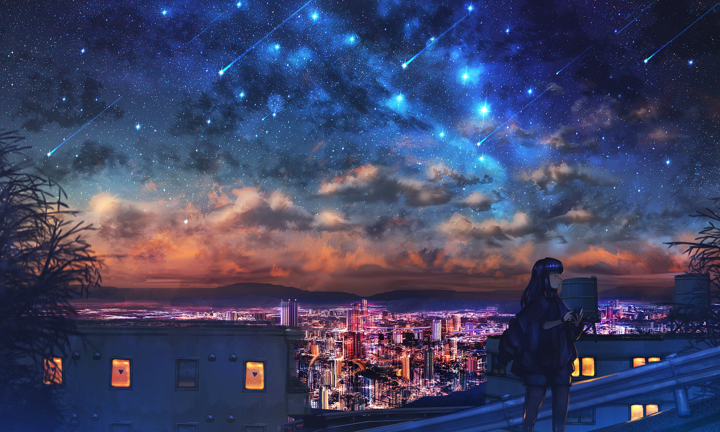 Wallpaper / Starry Sky, 1080P, Anime, Original, Girl, Shooting Star, City free download