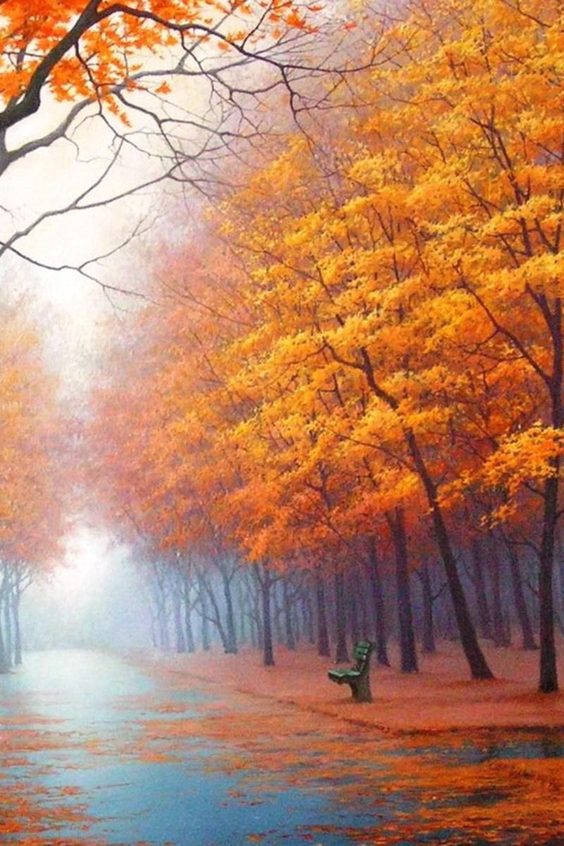 Download Wallpaper 800x1200 Autumn, Park, Avenue, Benches, Trees, Leaf Fall, Fog, Steam, Haze, Path, Asphalt, Painting, Art Iphone 4s 4 For Parallax HD Background